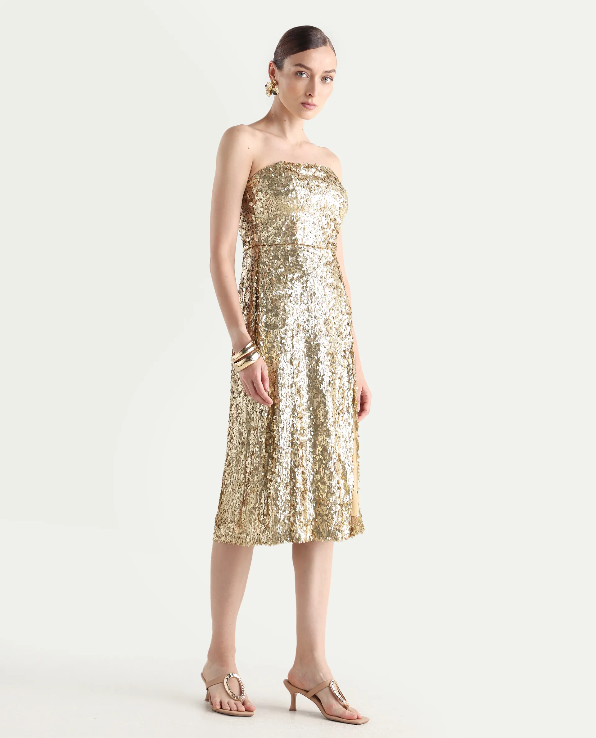 Rareism Women's Ganvi Metallic Polyester Tube Neck Sequined Sleeveless Midi Fitted Dress - Image 7