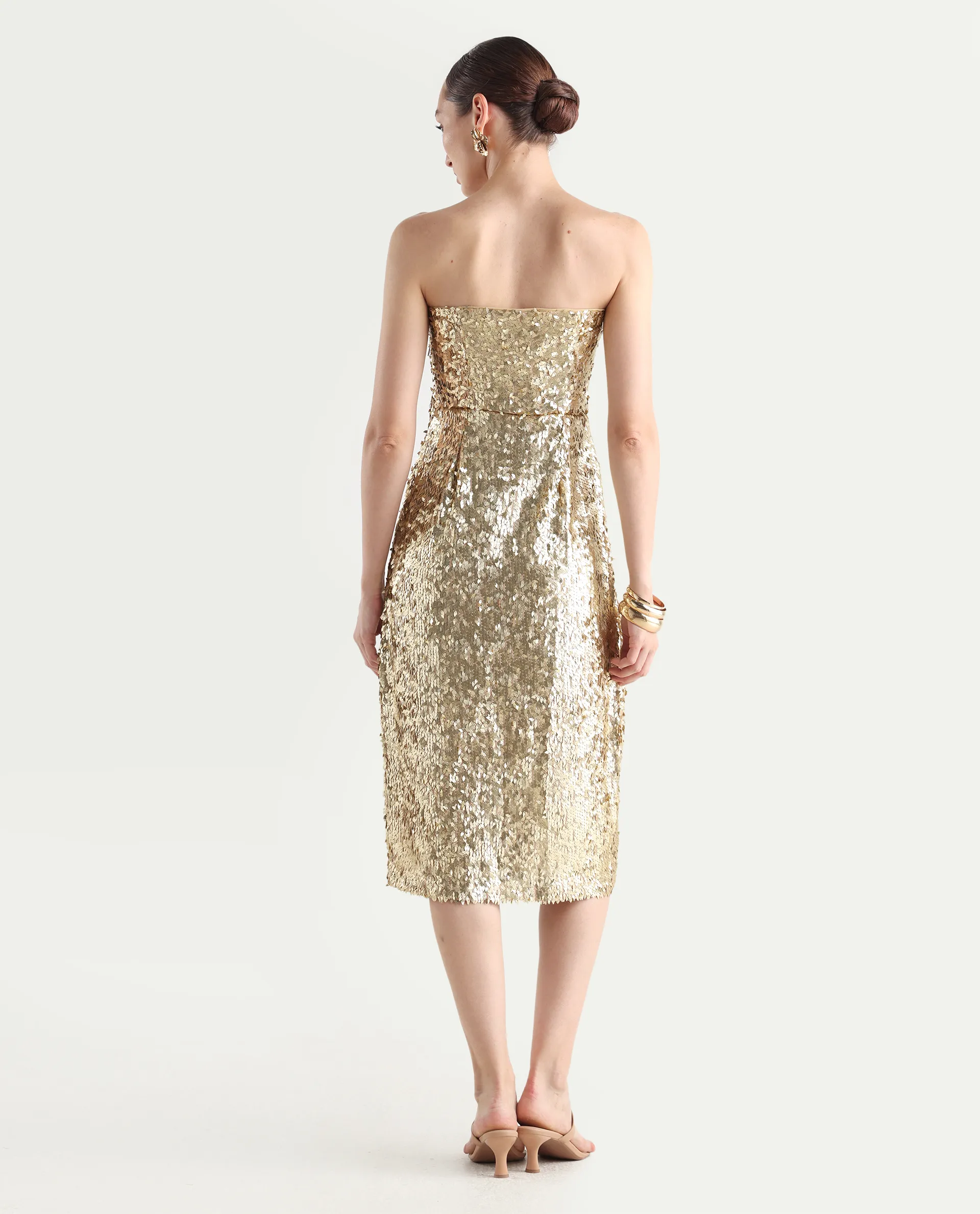 Rareism Women's Ganvi Metallic Polyester Tube Neck Sequined Sleeveless Midi Fitted Dress - Image 8