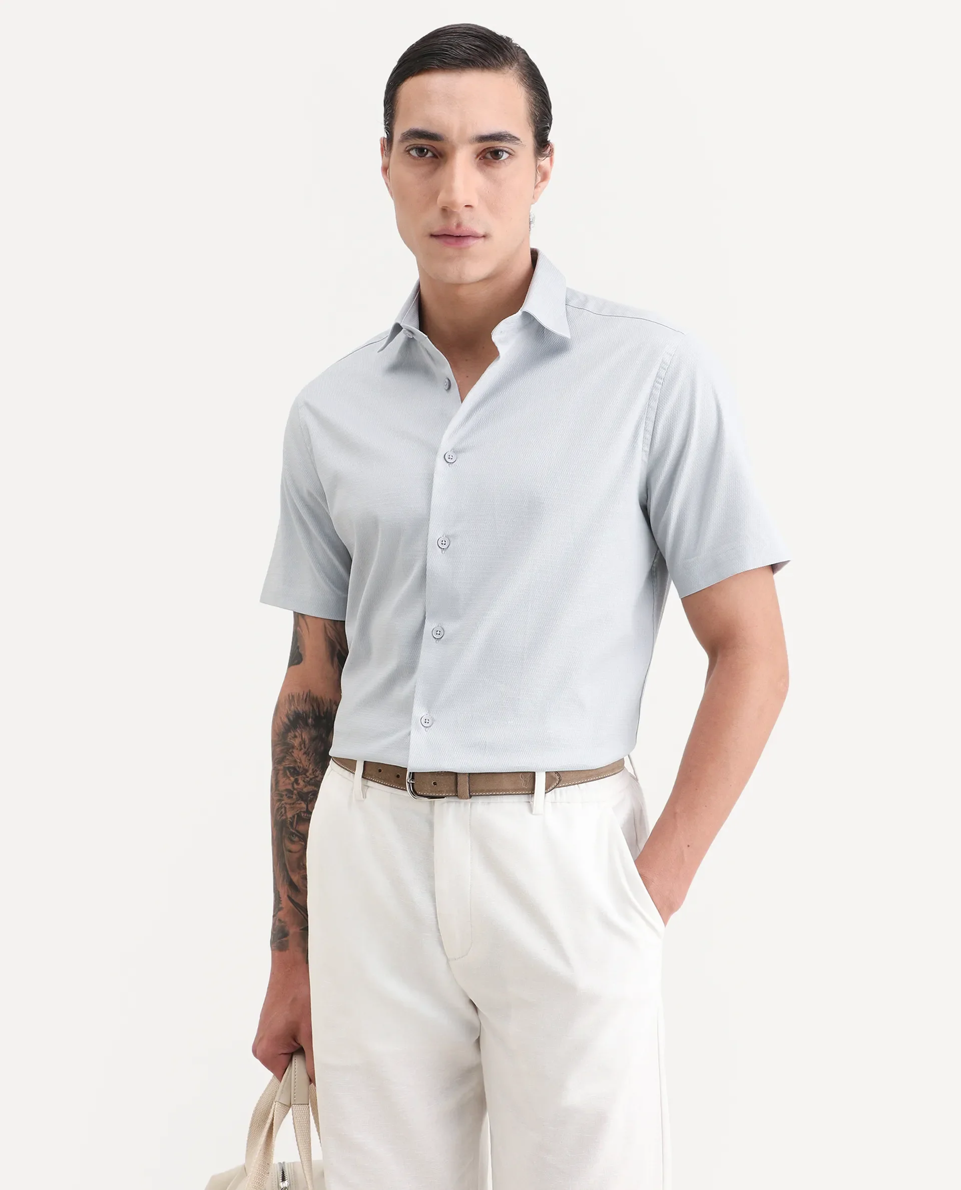 Rare Rabbit Men's Garah Light Grey Cotton Blend Fabric Half Sleeve Regular Fit Shirt