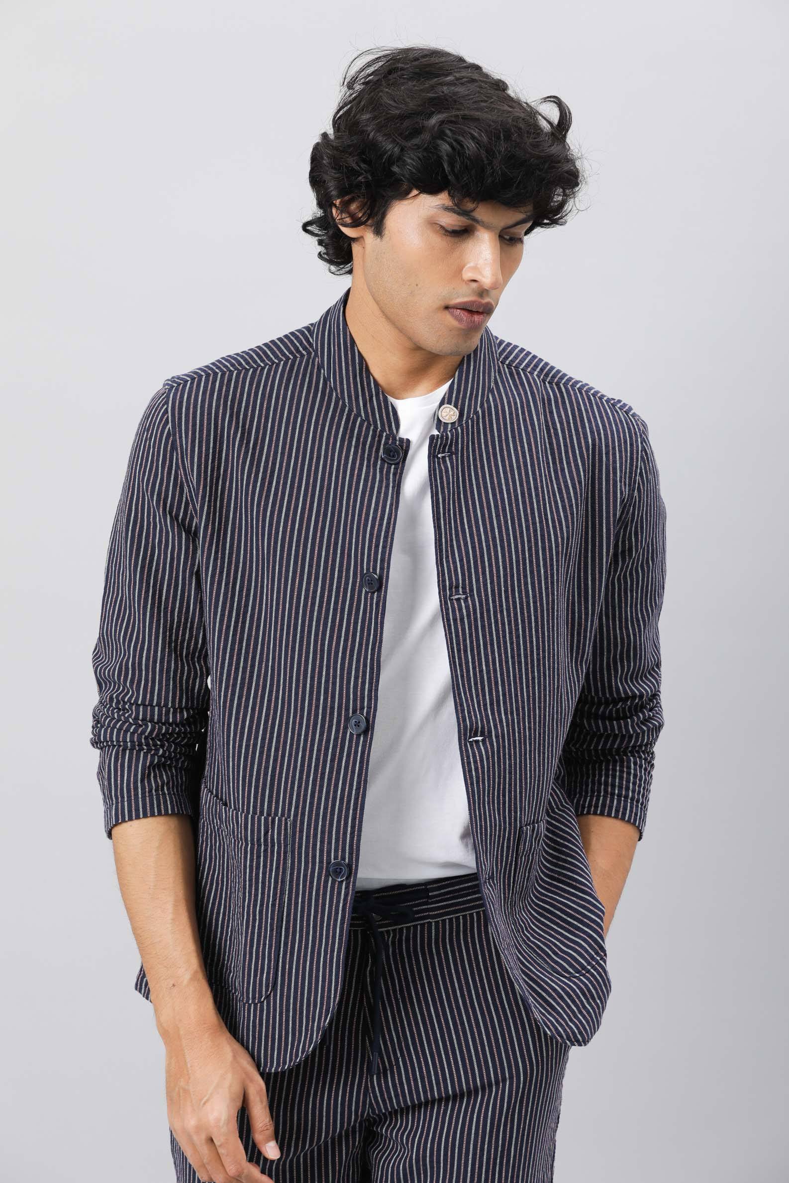 Rare Rabbit Men's Gazel Navy Viscose Striped Print Tailored Fit Full Sleeve Mandarin Collar Blazer