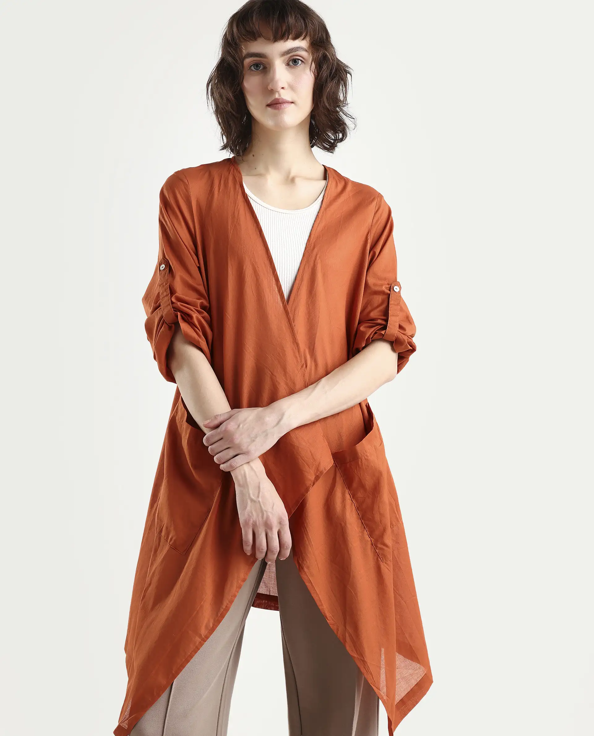Rareism Women's Gazer Brown Cotton Collarless Regular Fit Outer Wear