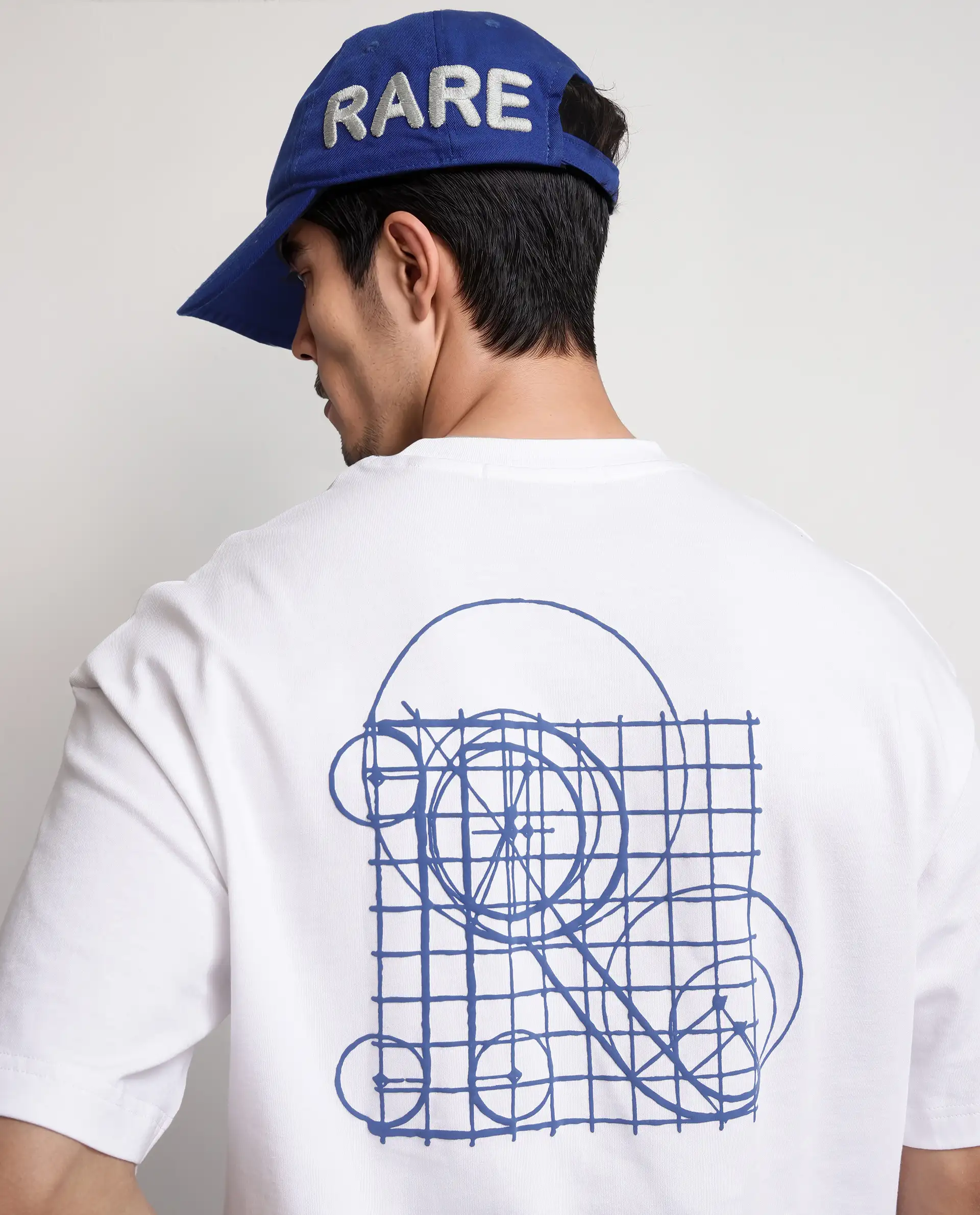 Rare Rabbit Men's Geon White Cotton Graphic Print Oversized Fit Half Sleeve Crew Neck T-Shirt
