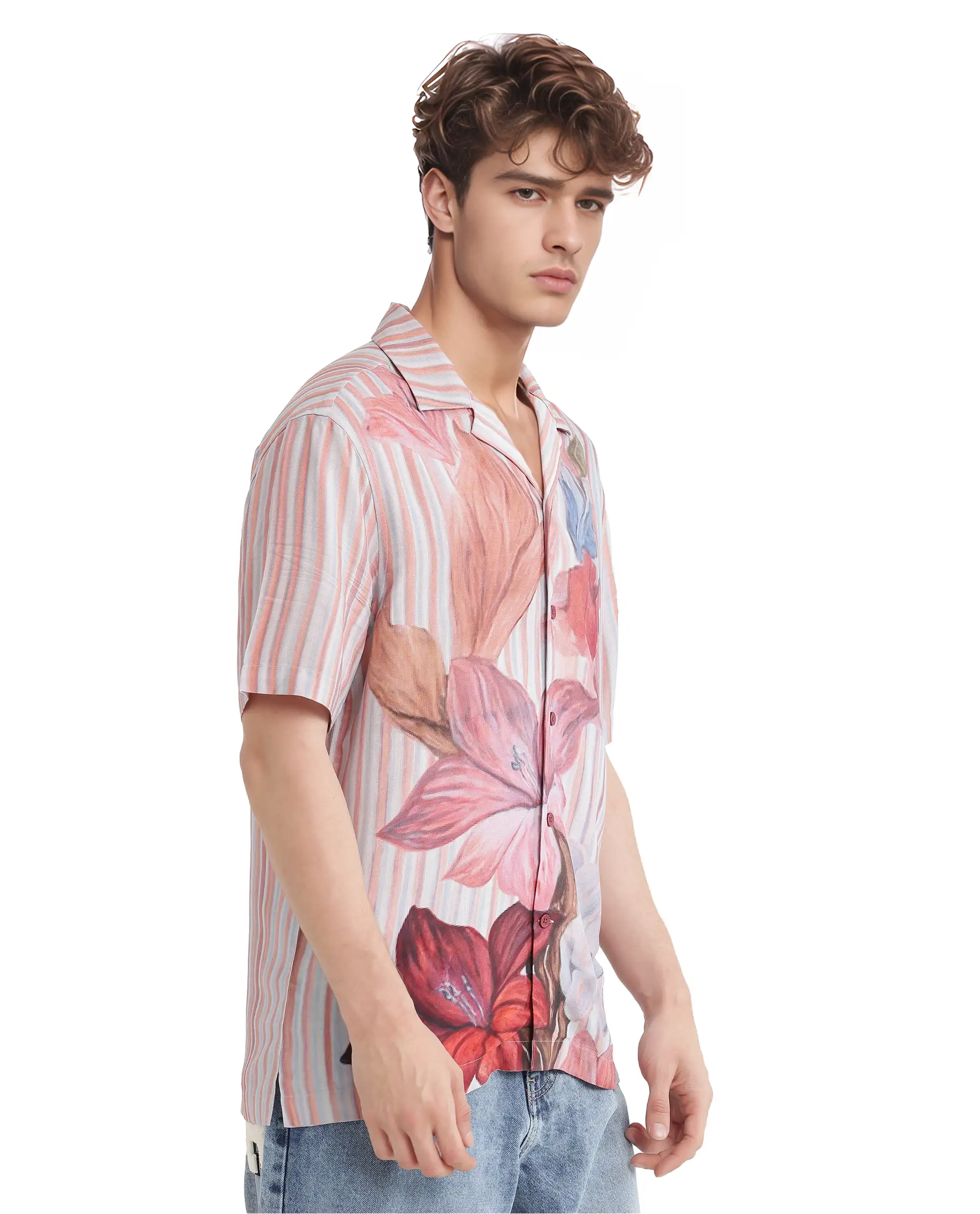 Rare Rabbit Men's Gero Dusky Pink Viscose Floral Print Boxy Fit Half Sleeve Cuban Collar Shirt - Image 6