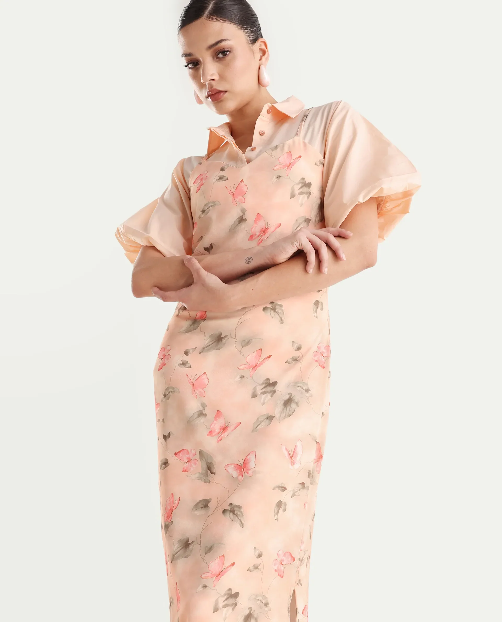 Rareism Women's Gha Beige Cotton Spread Collar Object Print Cuffed Sleeve Midi Straight Fit Dress - Image 2