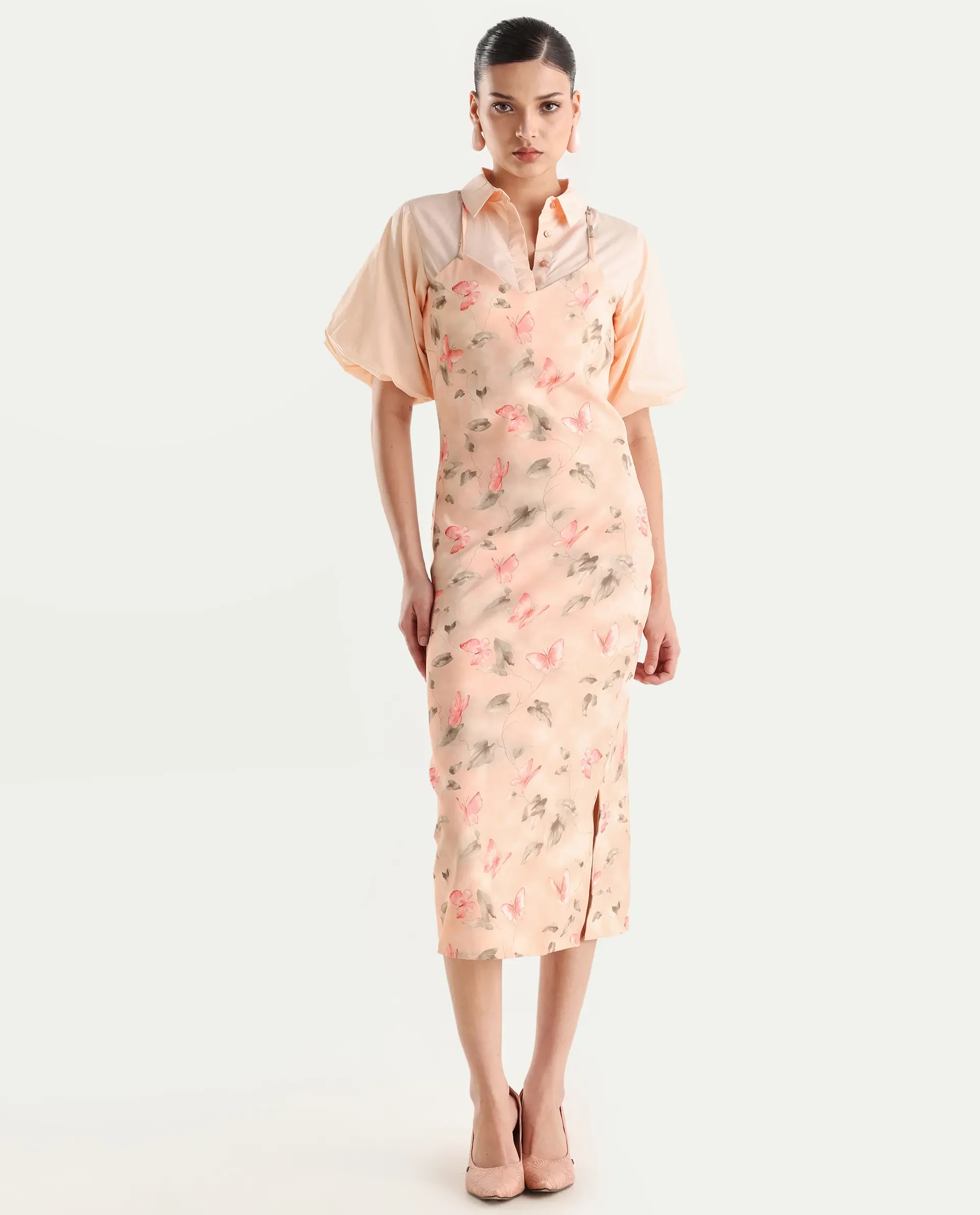 Rareism Women's Gha Beige Cotton Spread Collar Object Print Cuffed Sleeve Midi Straight Fit Dress - Image 3