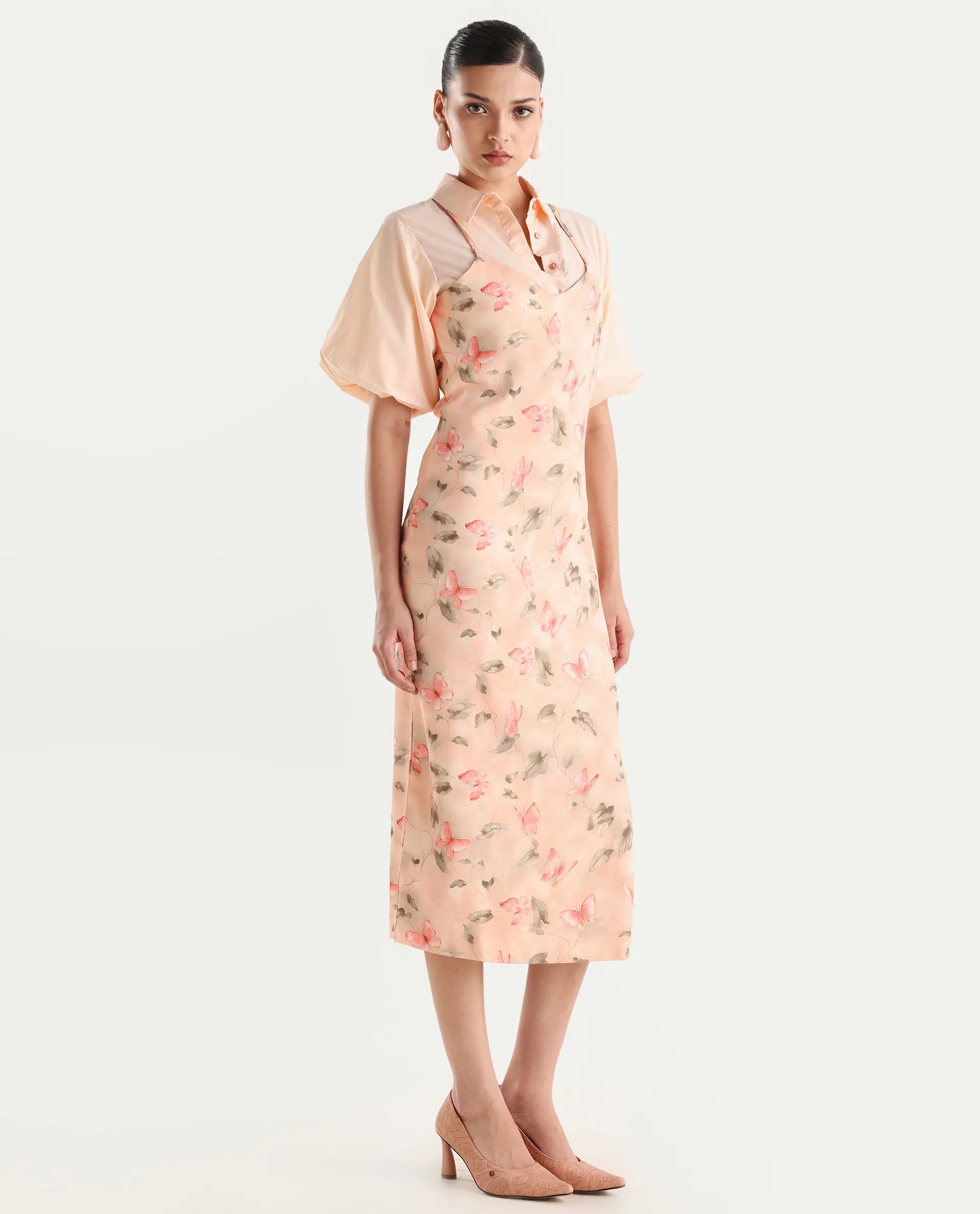Rareism Women's Gha Beige Cotton Spread Collar Object Print Cuffed Sleeve Midi Straight Fit Dress - Image 5