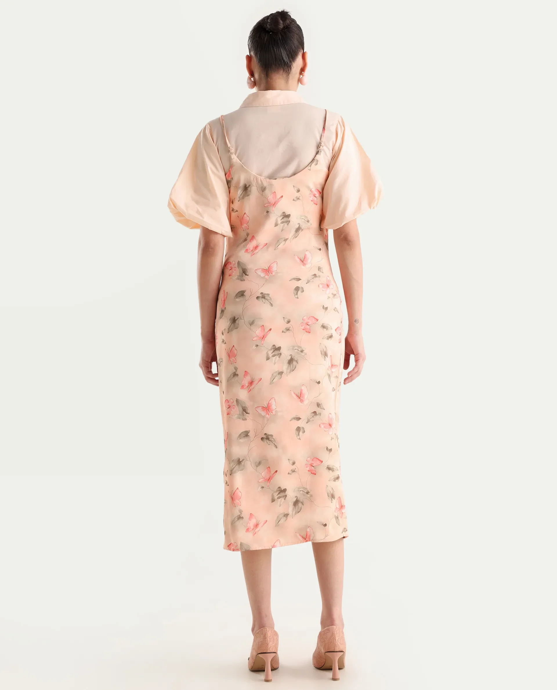Rareism Women's Gha Beige Cotton Spread Collar Object Print Cuffed Sleeve Midi Straight Fit Dress - Image 7
