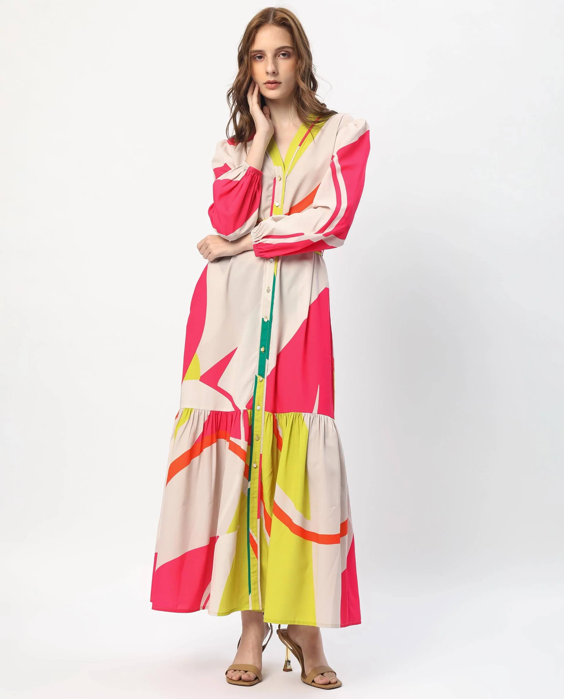 Rareism Women's Gini Light Beige Polyester V-Neck Abstract Print Balloon Sleeve Maxi Regular Fit Dress