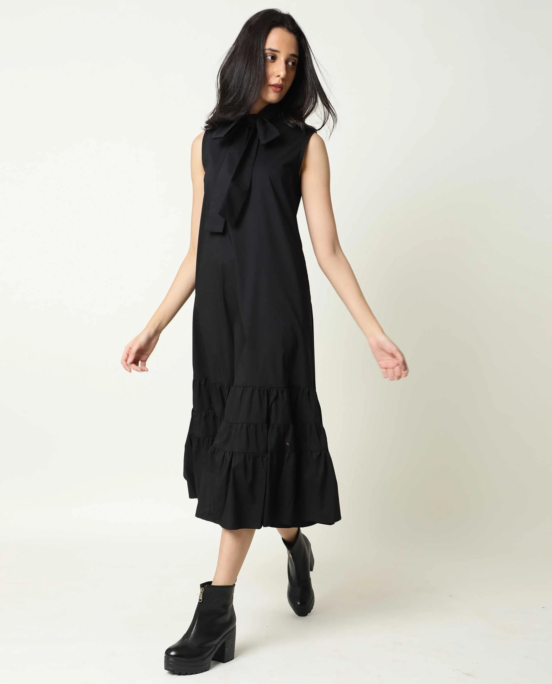 Rareism Women's Gino Black Polyester Blend Tie-Up Neck Plain Sleeveless Knee Length Regular Fit Dress