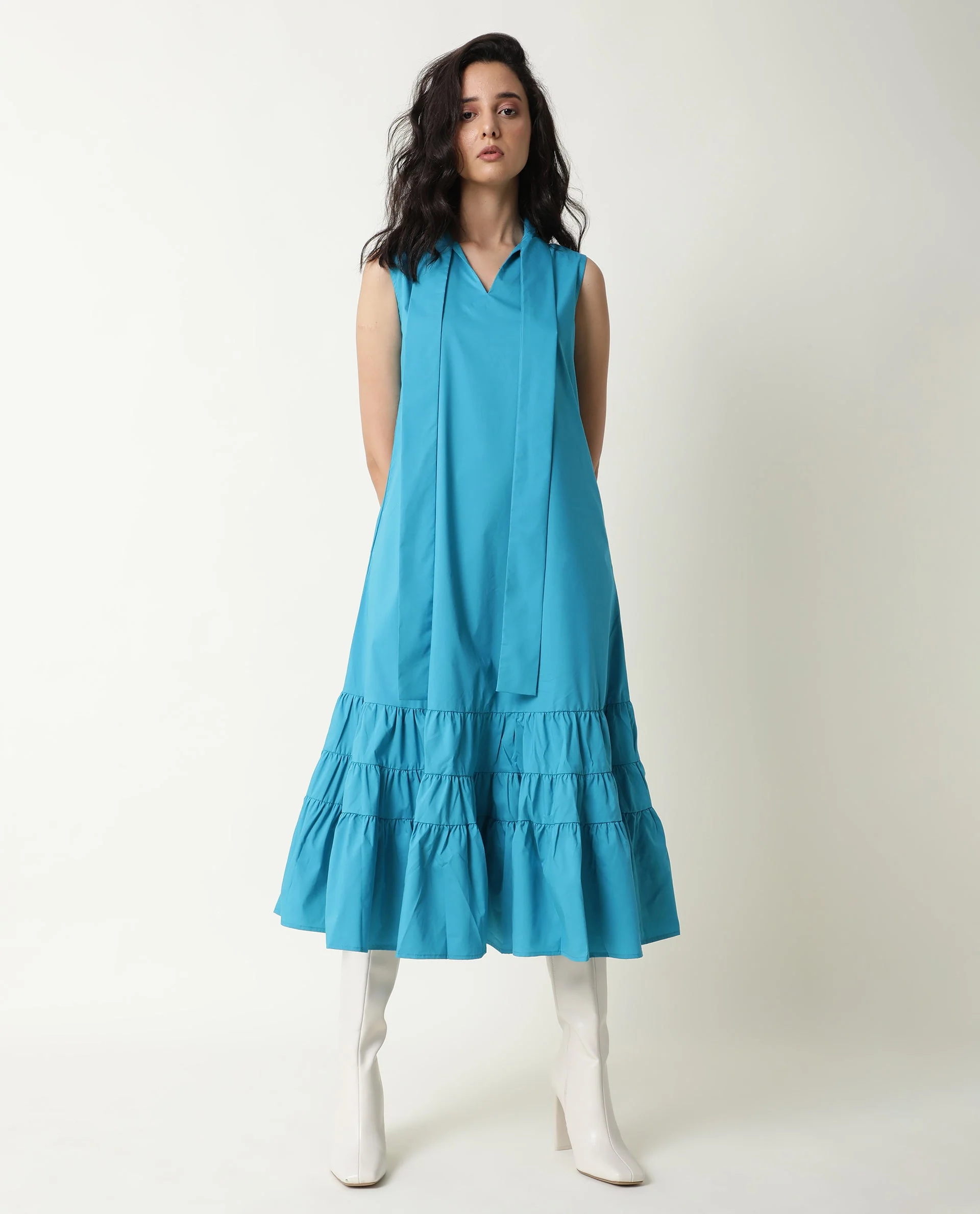 Rareism Women's Gino Blue Polyester Blend Tie-Up Neck Plain Sleeveless Knee Length Regular Fit Dress