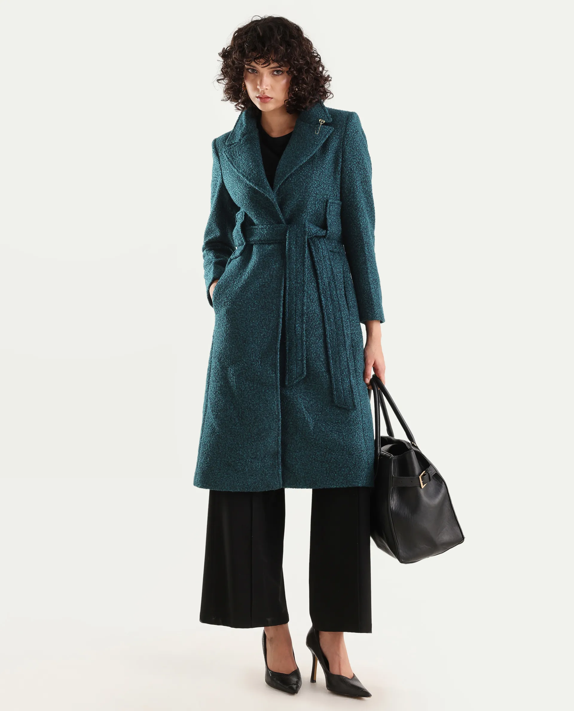 Rareism Women's Gisbor Teal Cotton Blend Lapel Neck Plain Midi Regular Fit Jacket