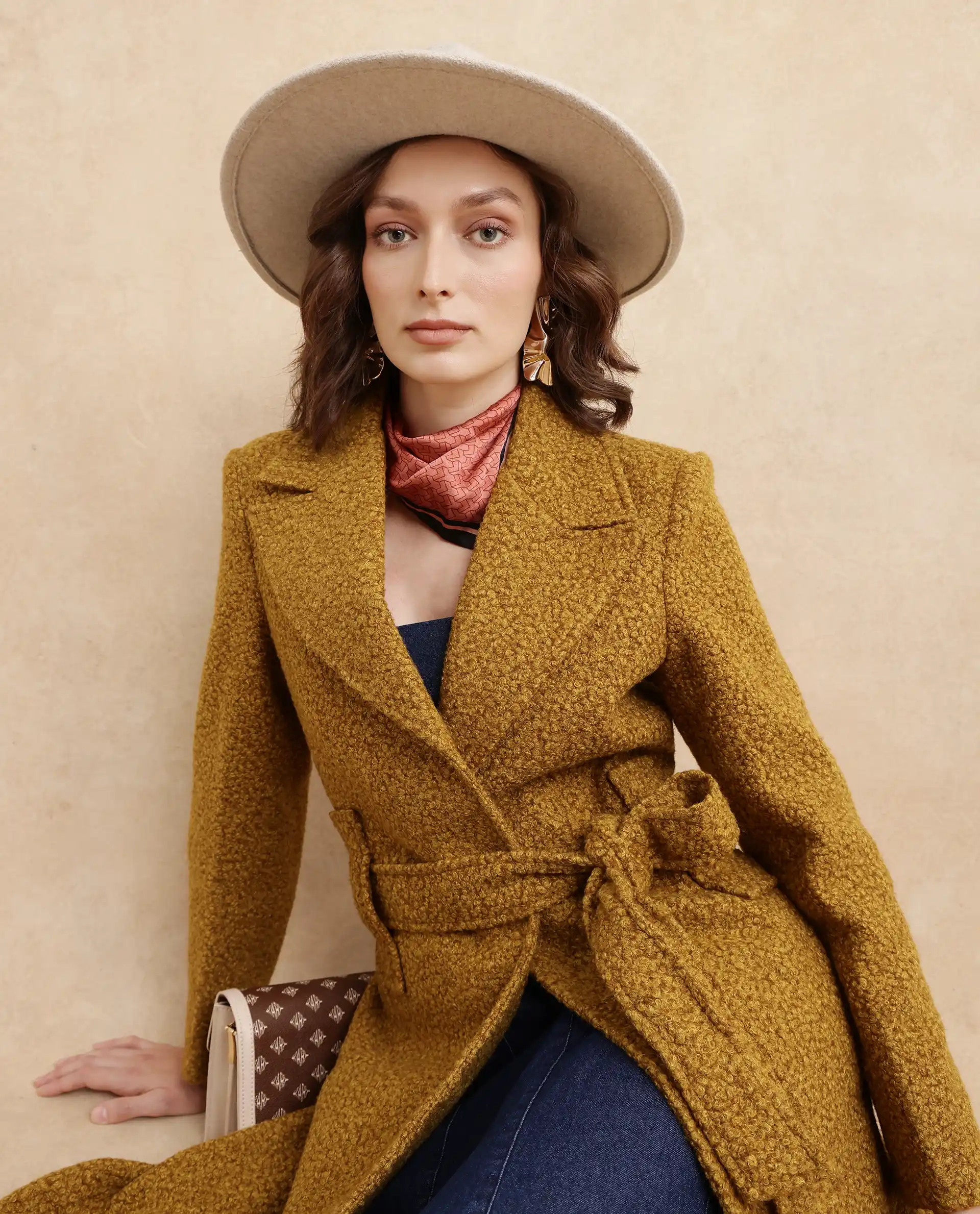Rareism Women's Gisbor Yellow Sherpa Lapel Neck Plain Midi Regular Fit Jacket