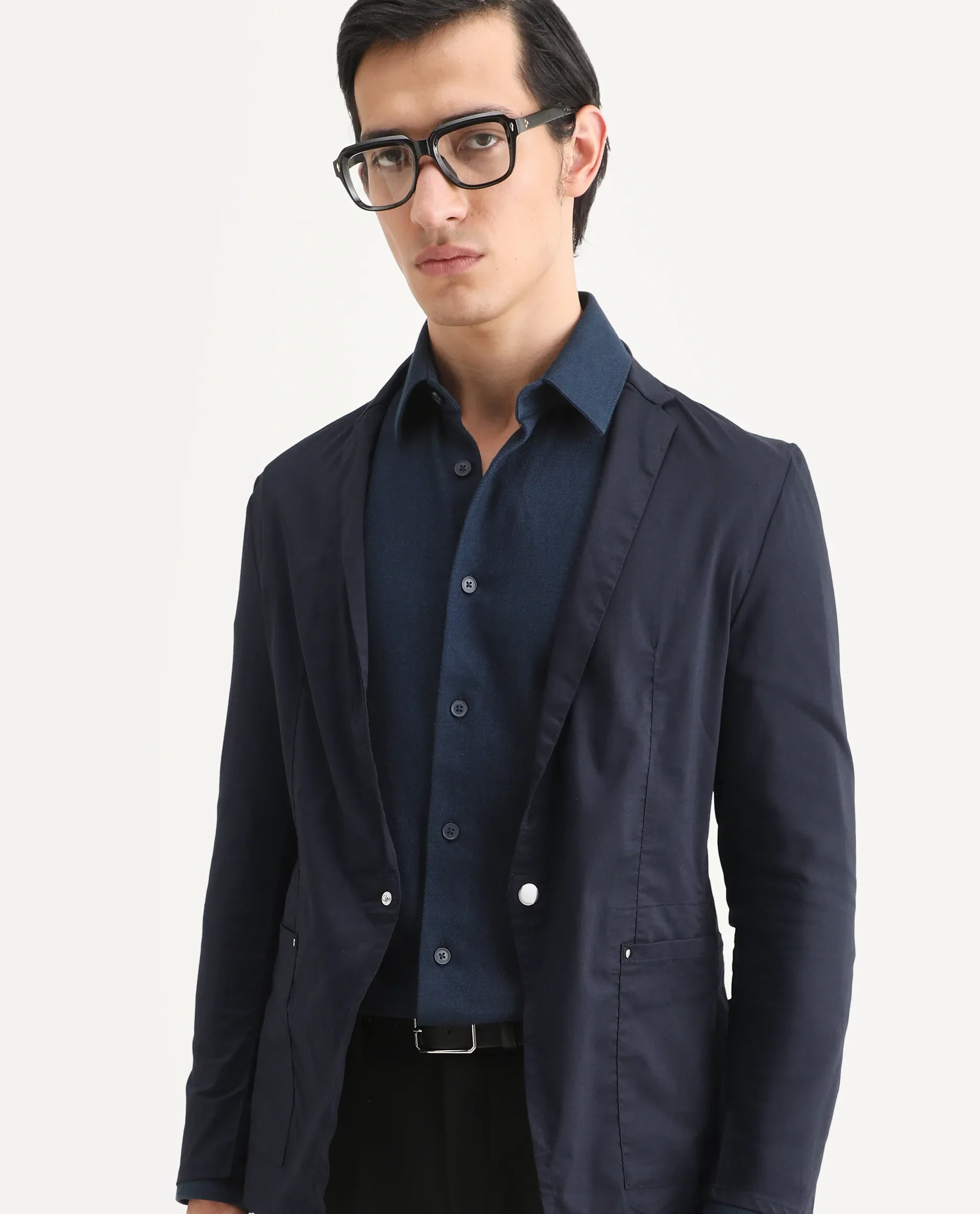 Rare Rabbit Men's Glaze Navy Viscose Plain Regular Fit Full Sleeve Lapel Neck Jacket