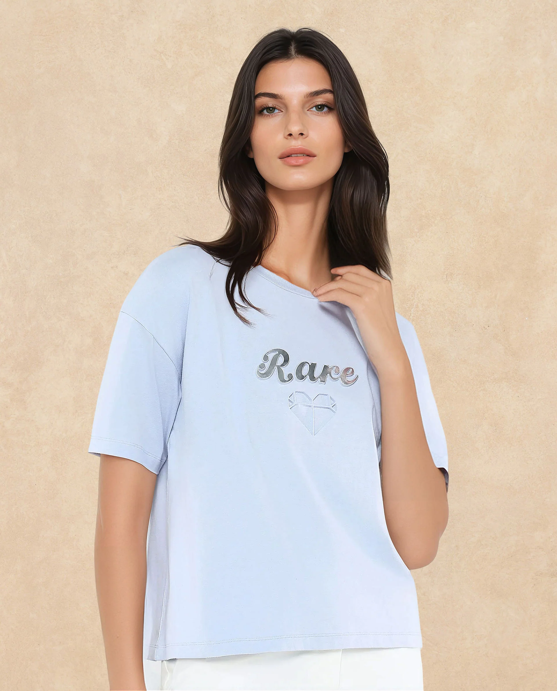 Rareism Women's Glimp Light Blue Cotton Blend Crew Neck Graphic Print Relaxed Fit T-Shirt