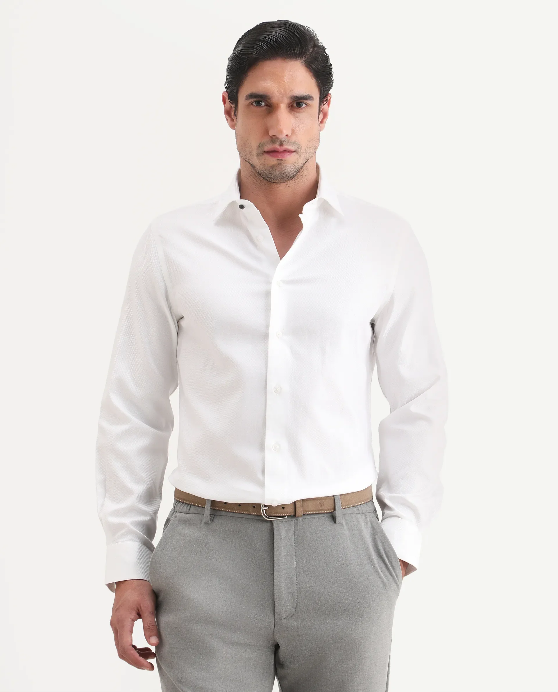 Rare Rabbit Men's Glyn White Cotton Fabric Full Sleeve Spread Collar Button Regular Plain Shirt