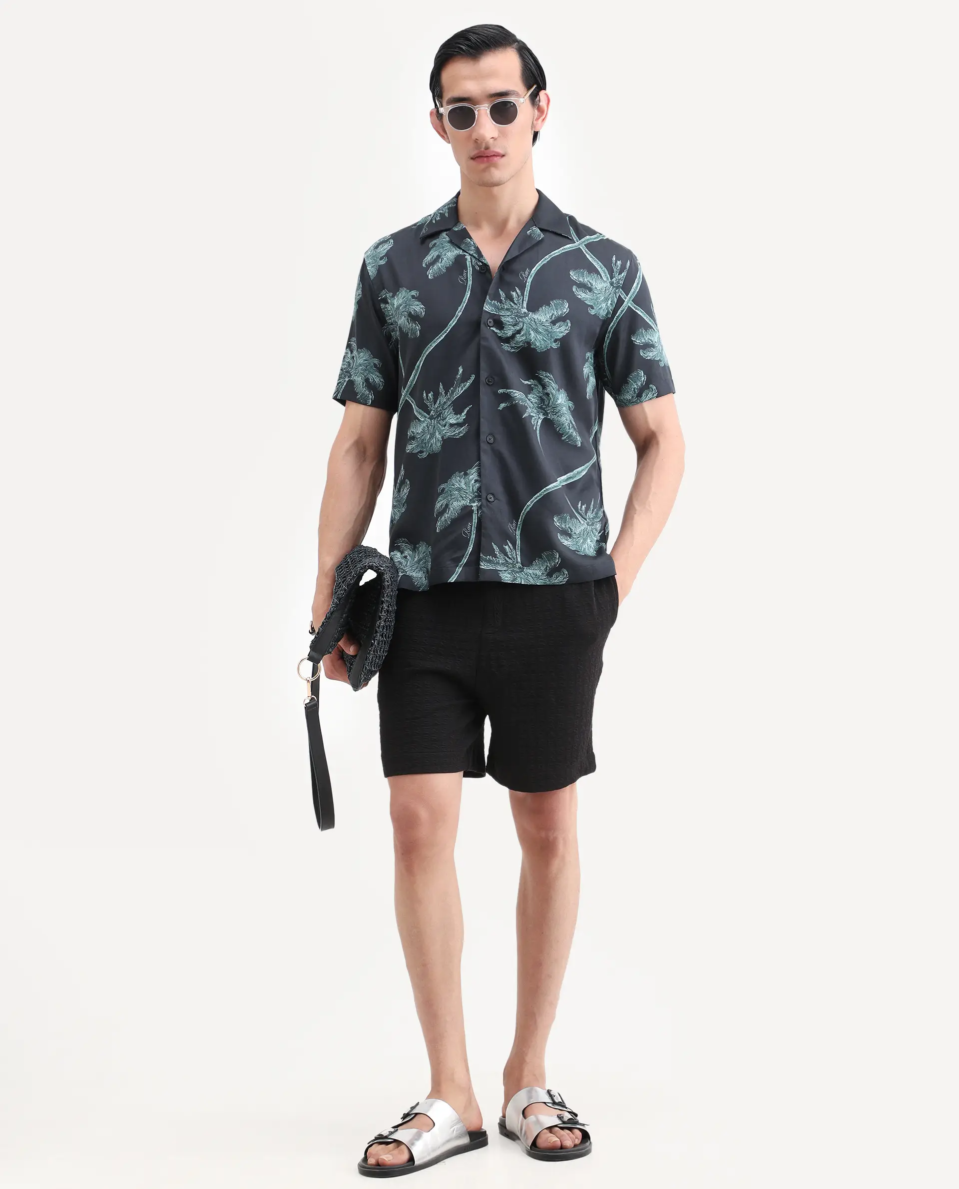 Rare Rabbit Men's Greko Black Cotton Fabric Half Sleeve Cuban Collar Regular Fit Tropical Print Shirt - Image 2