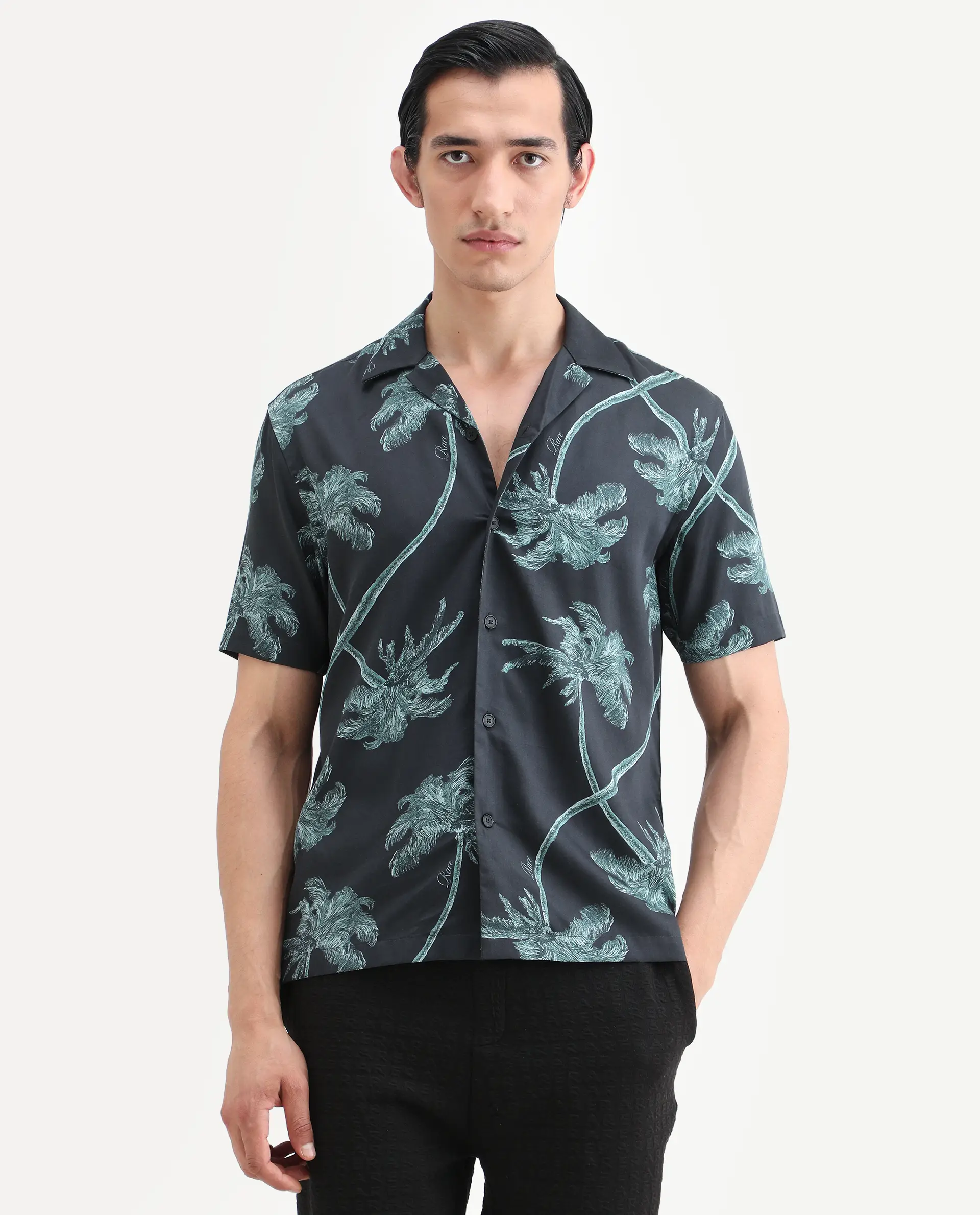 Rare Rabbit Men's Greko Black Cotton Fabric Half Sleeve Cuban Collar Regular Fit Tropical Print Shirt - Image 4