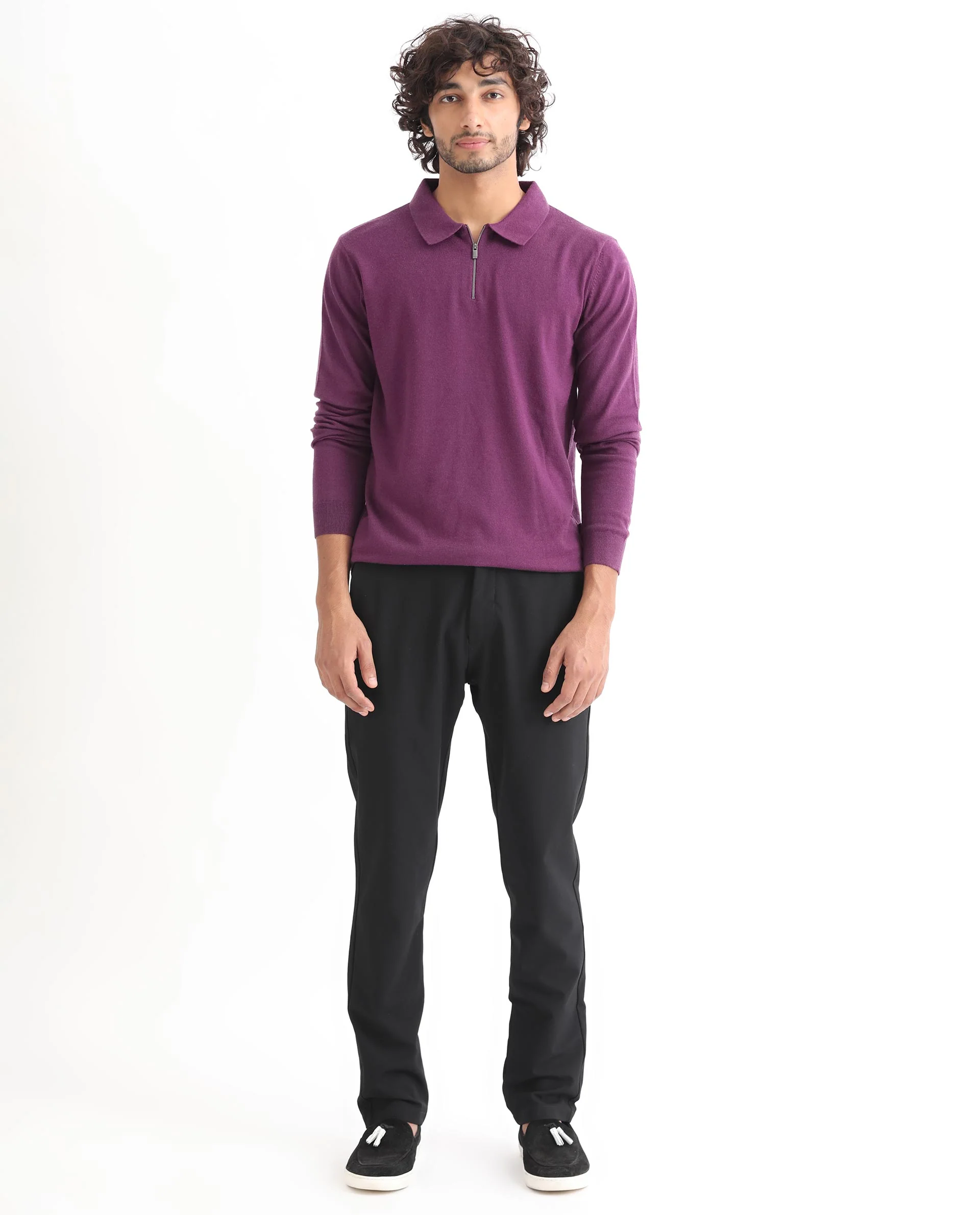 Rare Rabbit Men's Griffin Purple Viscose Plain Regular Fit Full Sleeve Spread Collar Sweater - Image 3