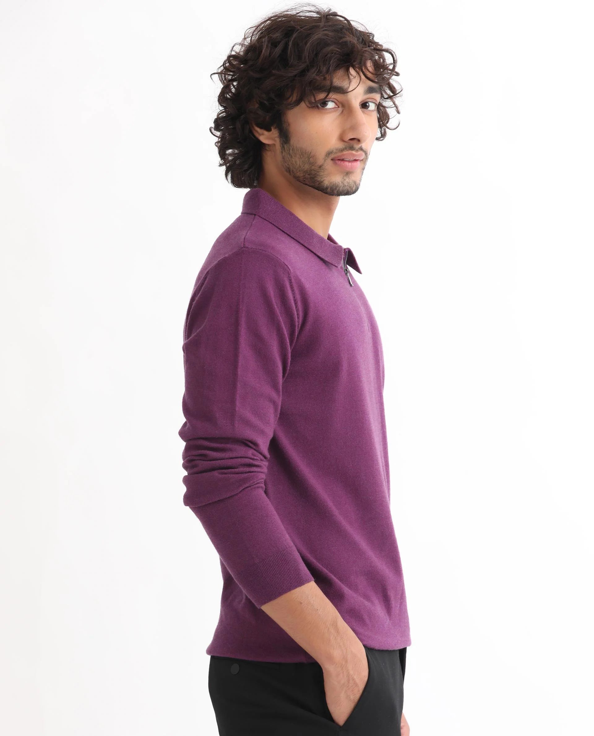 Rare Rabbit Men's Griffin Purple Viscose Plain Regular Fit Full Sleeve Spread Collar Sweater - Image 5