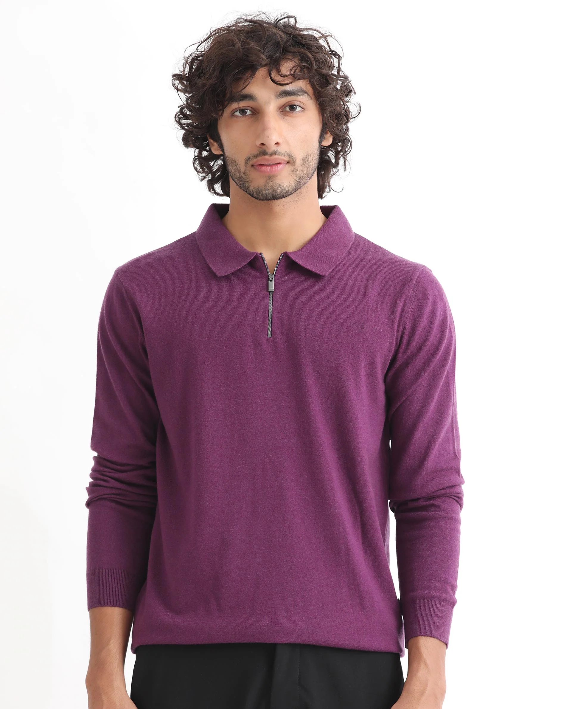 Rare Rabbit Men's Griffin Purple Viscose Plain Regular Fit Full Sleeve Spread Collar Sweater - Image 6