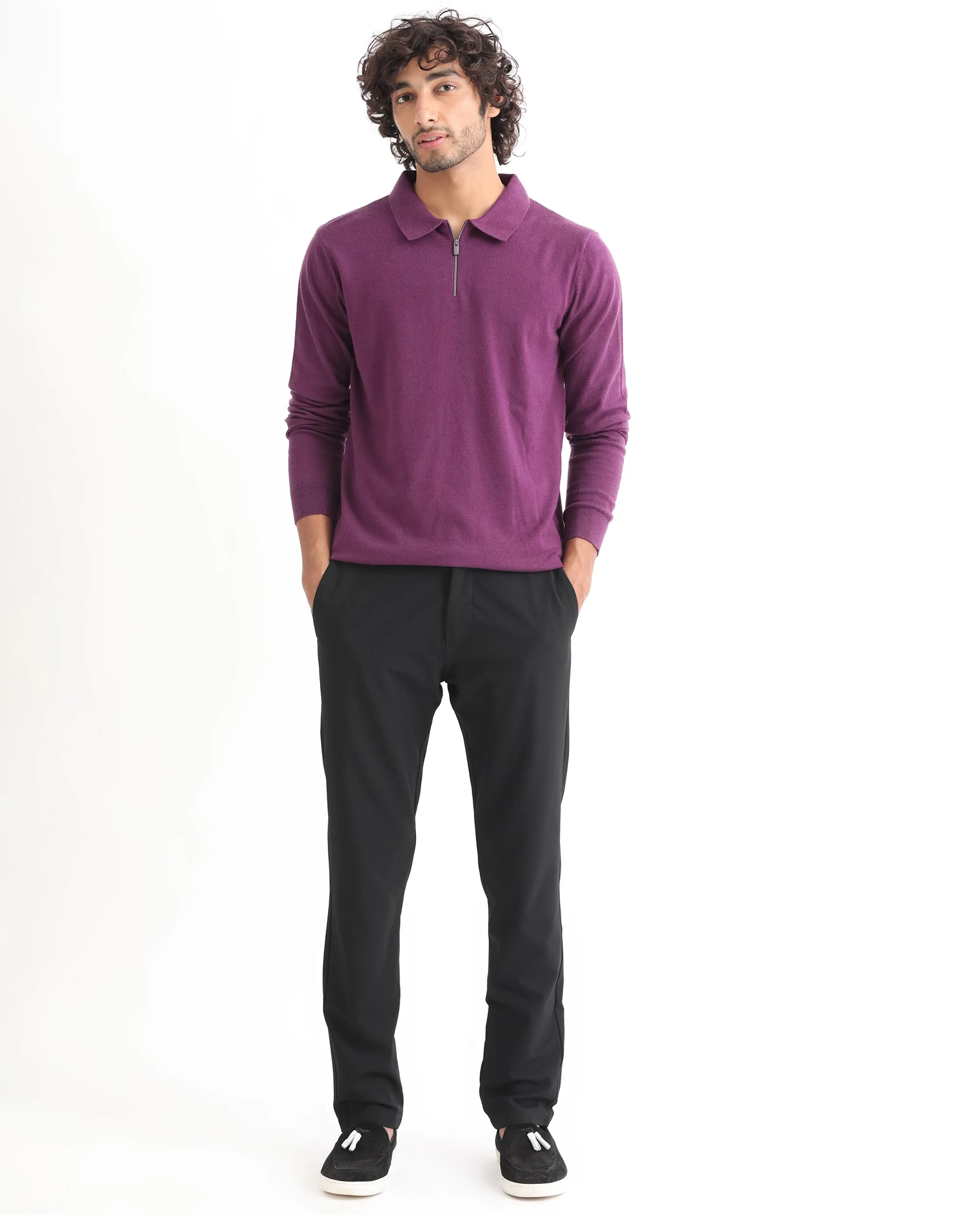 Rare Rabbit Men's Griffin Purple Viscose Plain Regular Fit Full Sleeve Spread Collar Sweater - Image 7