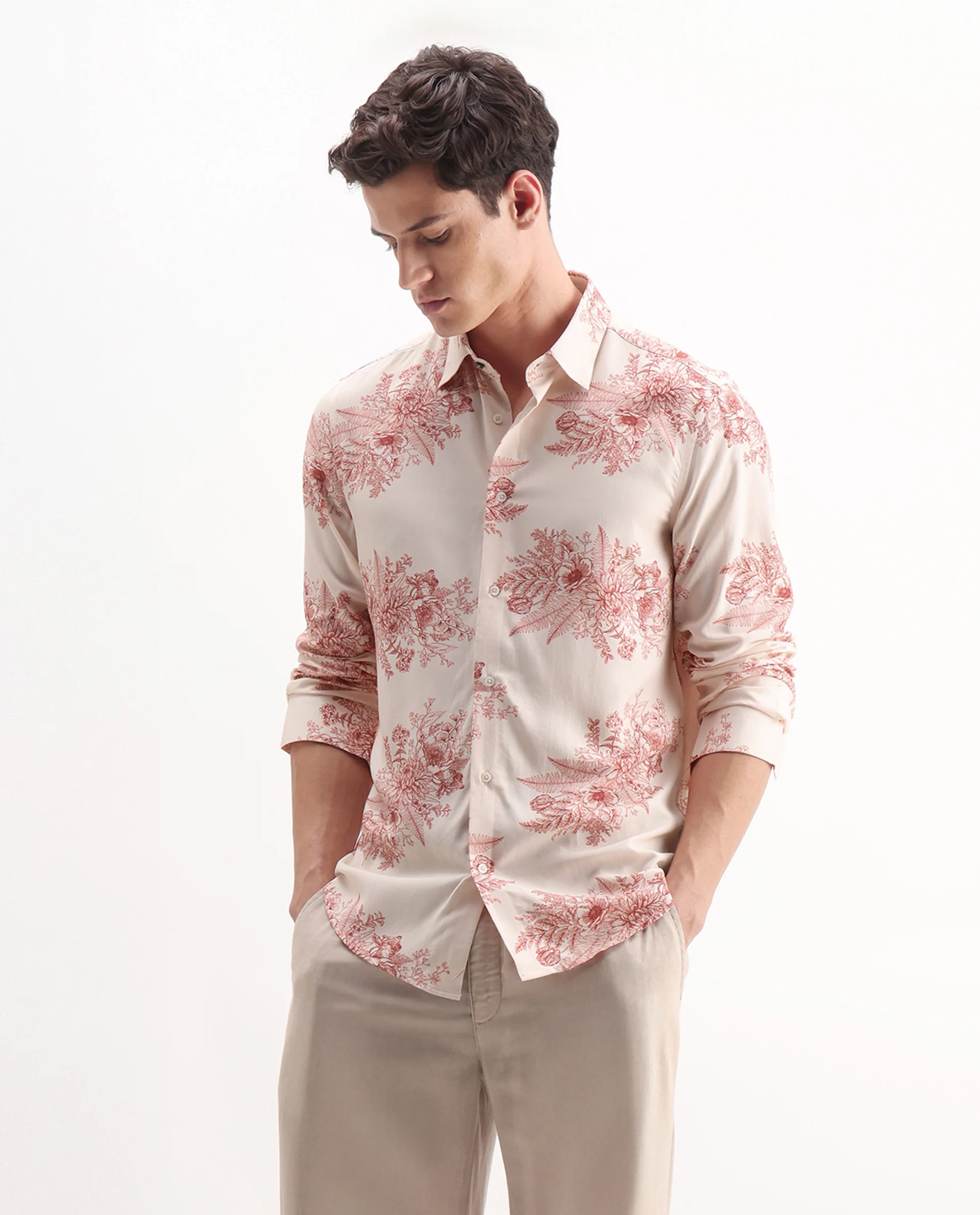 Rare Rabbit Men's Grim Peach Viscose Floral Print Regular Fit Full Sleeve Collared Shirt