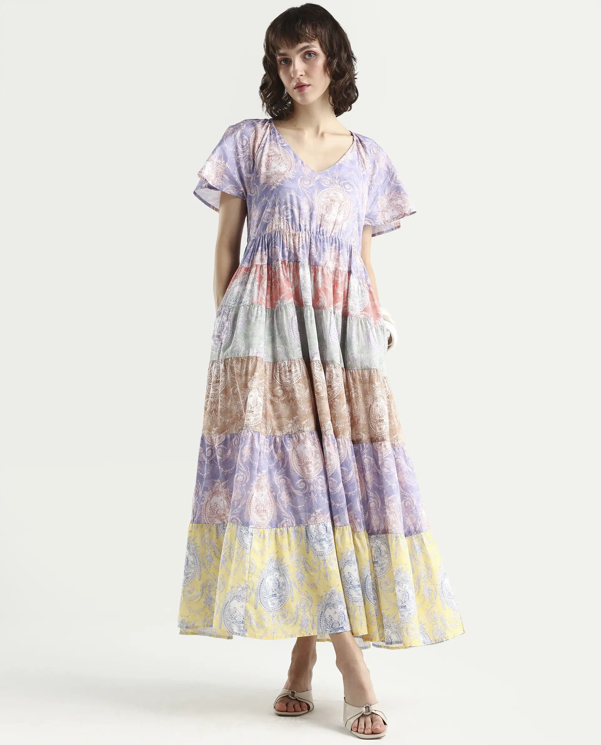 Rareism Women's Grubin Multi Cotton V-Neck Ornamental Print Raglan Sleeve Maxi Fit And Flare Dress