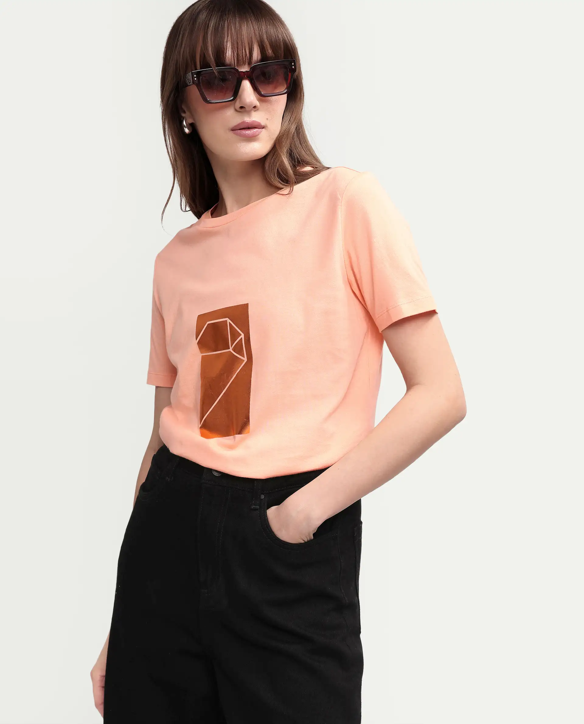 Rareism Women's Gulf Peach Cotton Crew Neck Graphic Print Regular Fit T-Shirt