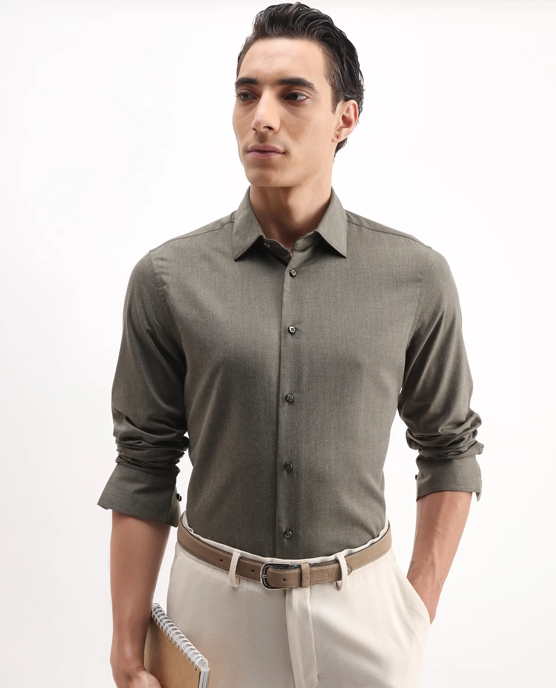 Rare Rabbit Men's Gunjo 25 Dusky Brown Polyester Blend Plain Regular Fit Full Sleeve Collared Shirt