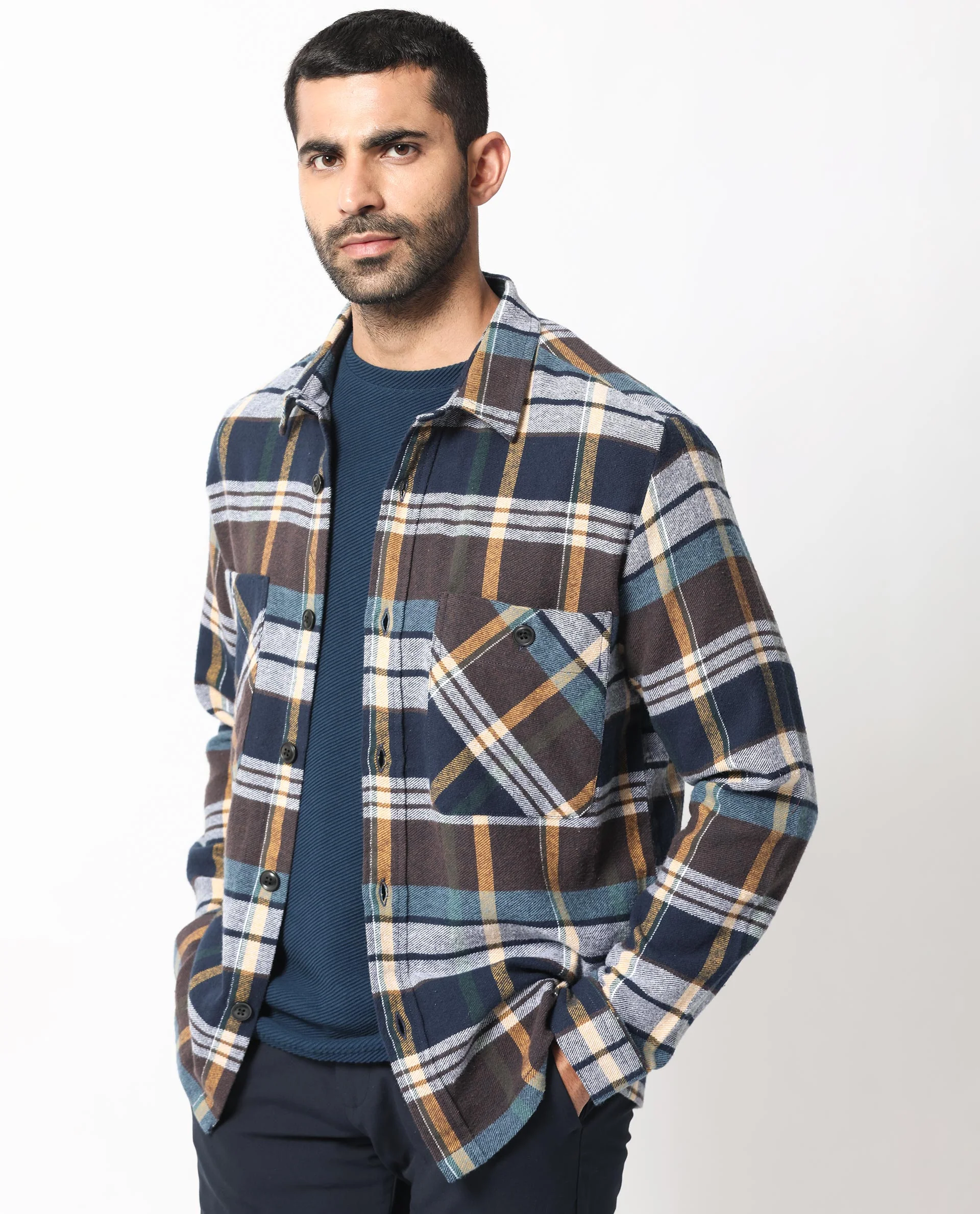 Rare Rabbit Men's Gustro Brown Cotton Checked Print Relaxed Fit Full Sleeve Collared Shacket - Image 10