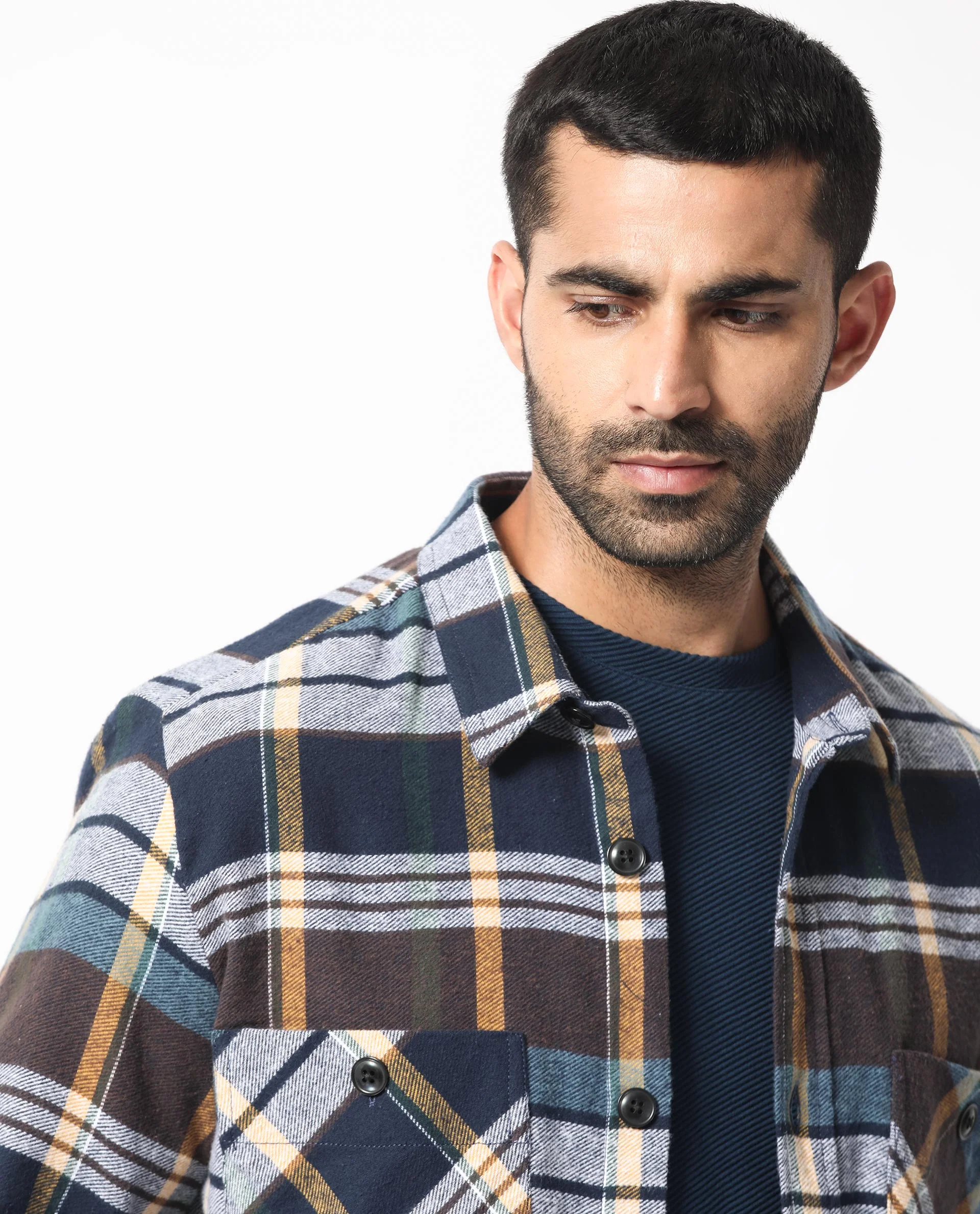 Rare Rabbit Men's Gustro Brown Cotton Checked Print Relaxed Fit Full Sleeve Collared Shacket - Image 2