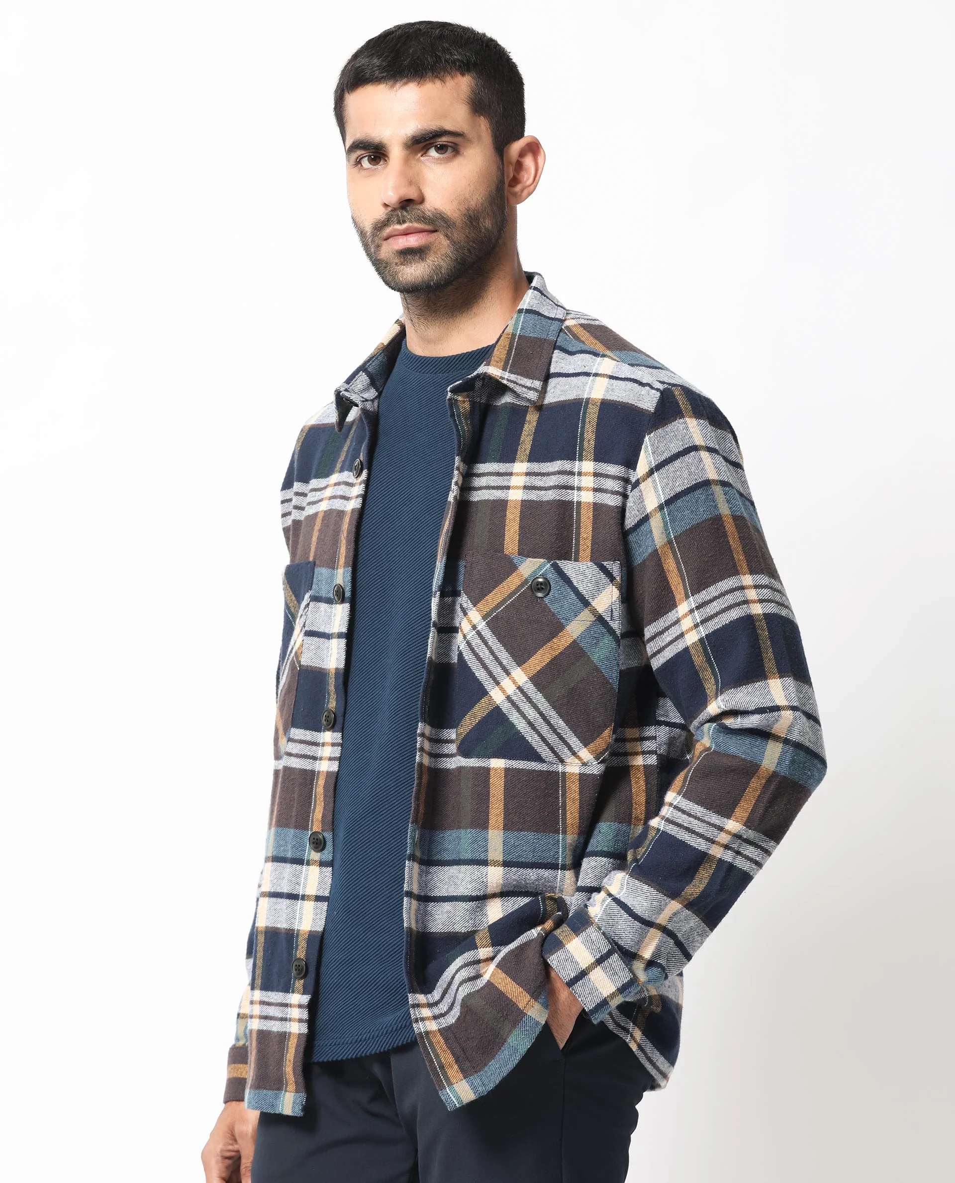 Rare Rabbit Men's Gustro Brown Cotton Checked Print Relaxed Fit Full Sleeve Collared Shacket - Image 3