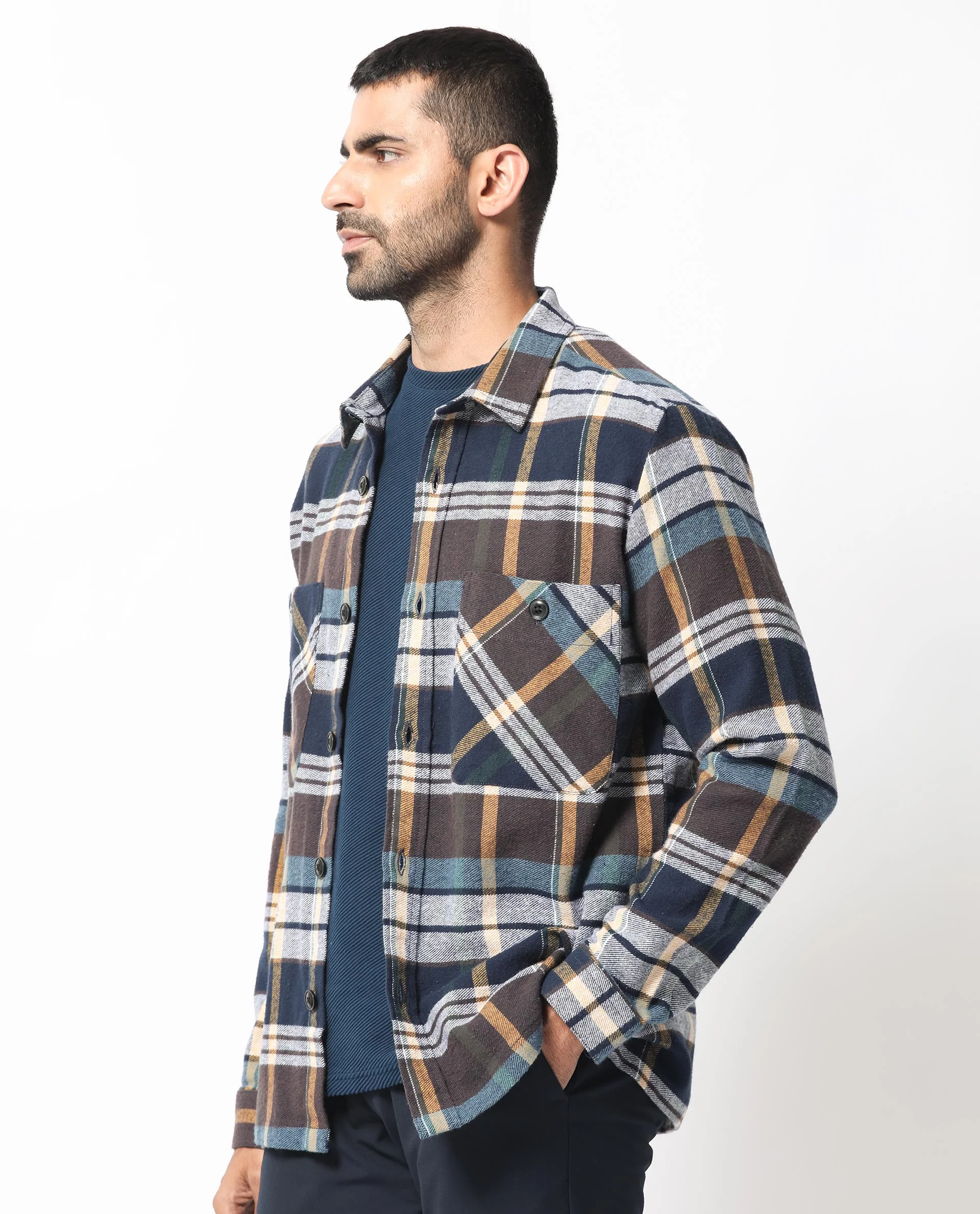 Rare Rabbit Men's Gustro Brown Cotton Checked Print Relaxed Fit Full Sleeve Collared Shacket - Image 4