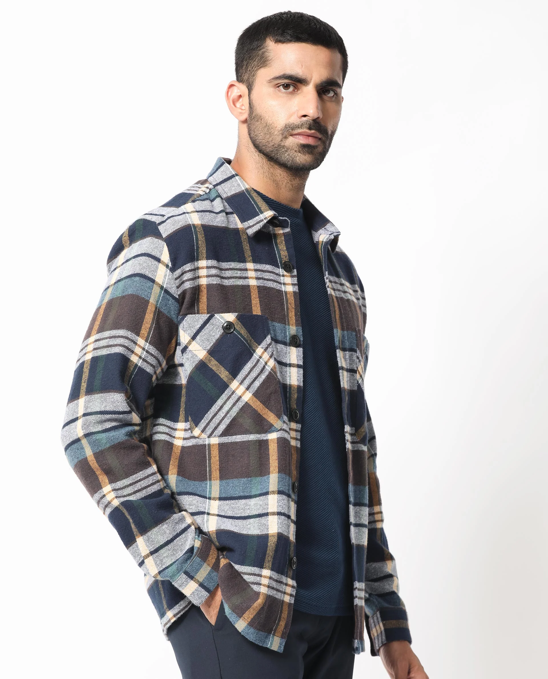 Rare Rabbit Men's Gustro Brown Cotton Checked Print Relaxed Fit Full Sleeve Collared Shacket - Image 5