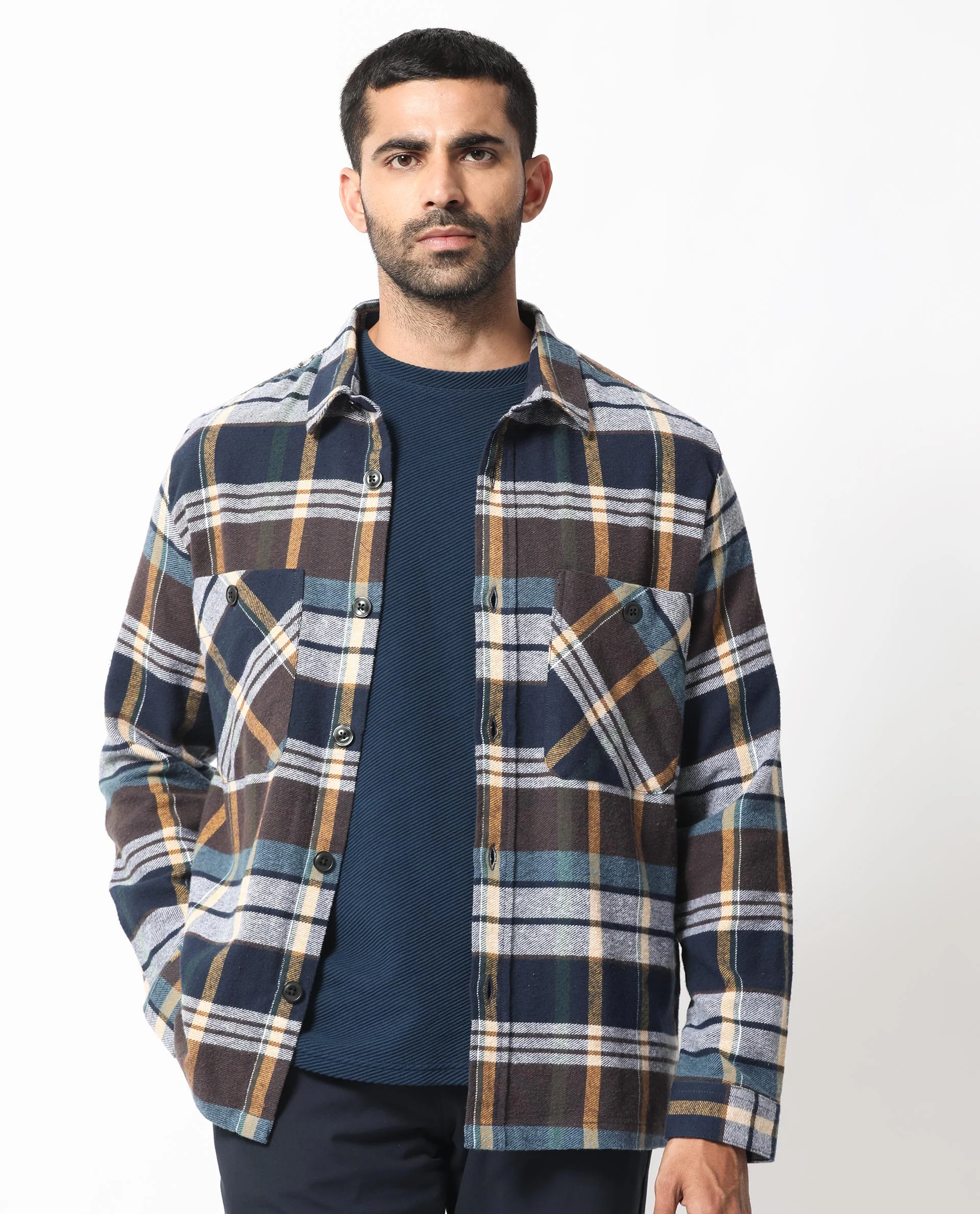 Rare Rabbit Men's Gustro Brown Cotton Checked Print Relaxed Fit Full Sleeve Collared Shacket - Image 6