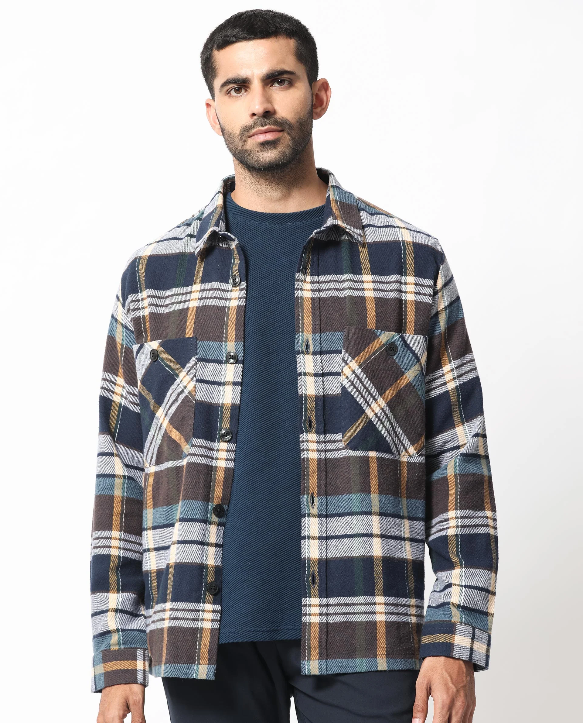 Rare Rabbit Men's Gustro Brown Cotton Checked Print Relaxed Fit Full Sleeve Collared Shacket - Image 7