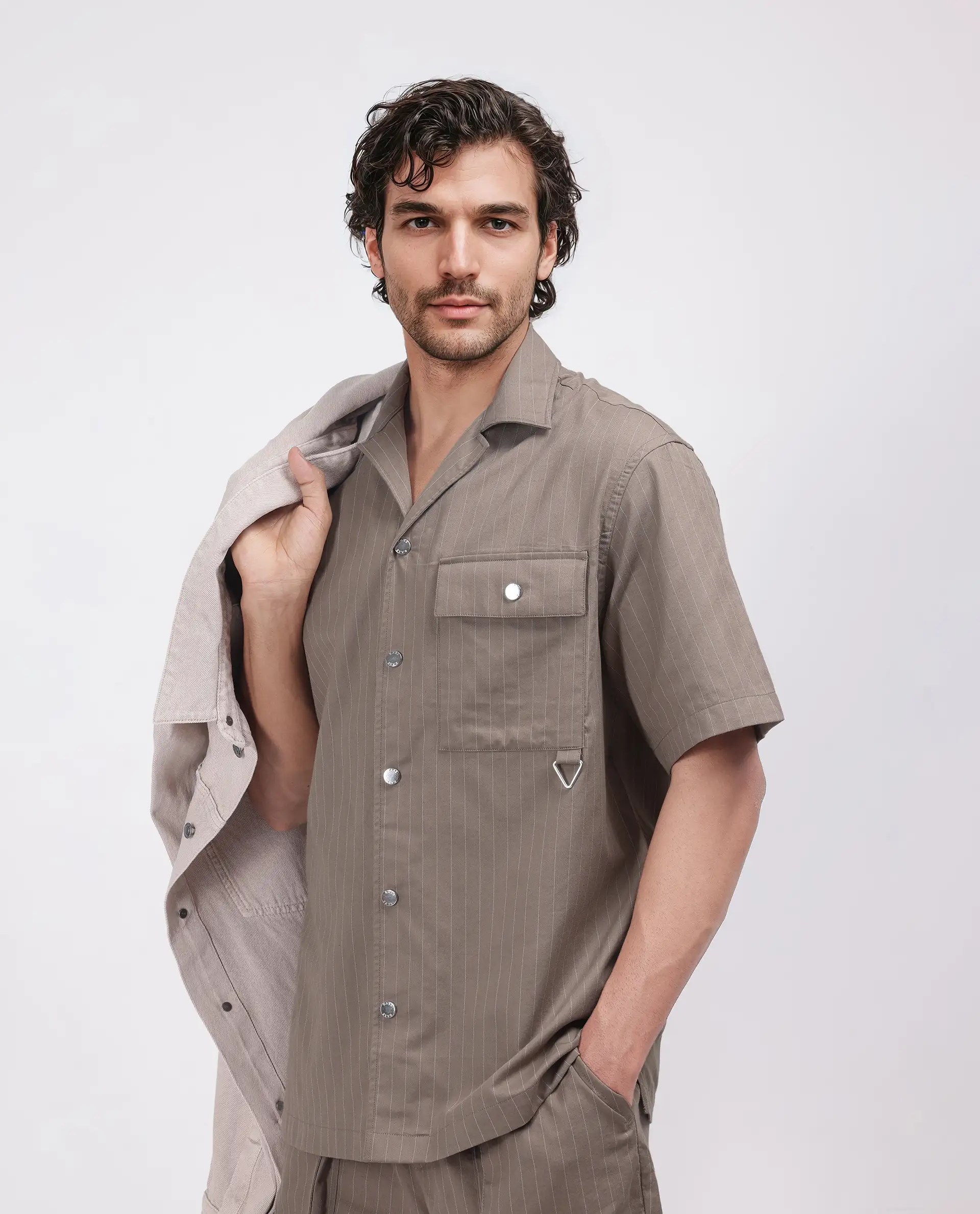 Rare Rabbit Men's Haba Dusky Beige Cotton Blend Striped Print Boxy Fit Half Sleeve Cuban Collar Shirt