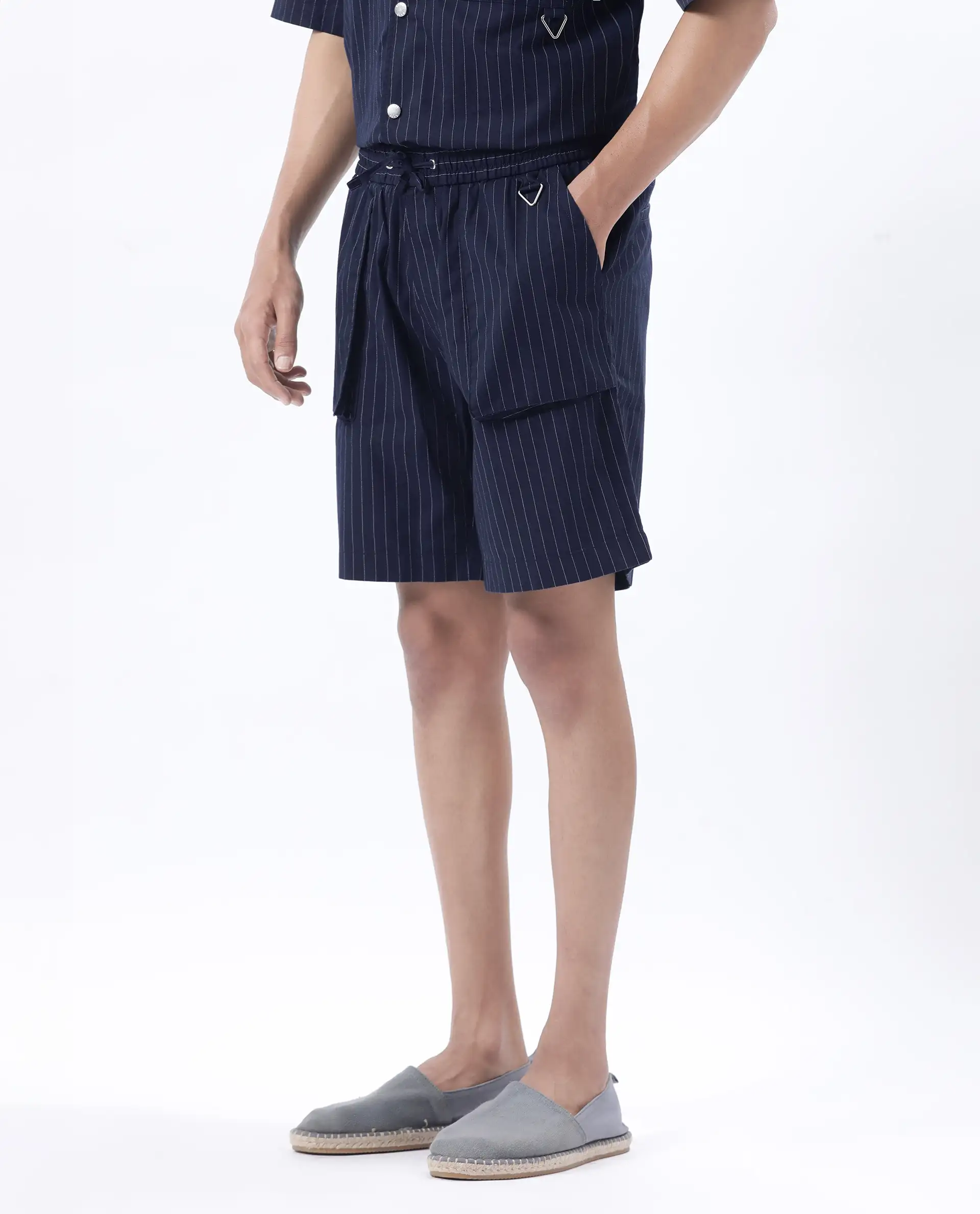 Rare Rabbit Men's Habar Navy Cotton Blend Striped Print Oversized Fit Shorts - Image 2