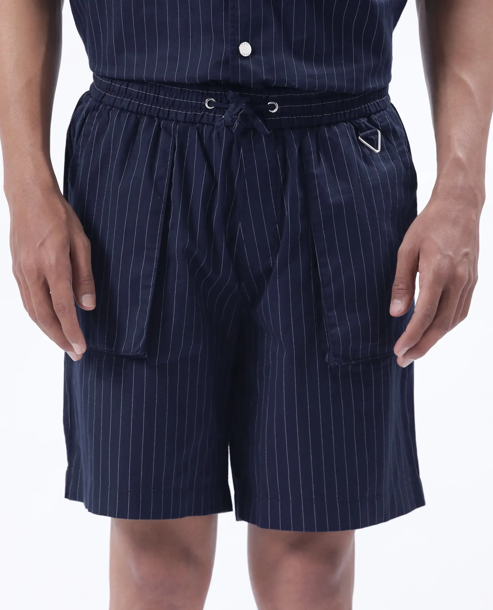 Rare Rabbit Men's Habar Navy Cotton Blend Striped Print Oversized Fit Shorts - Image 4