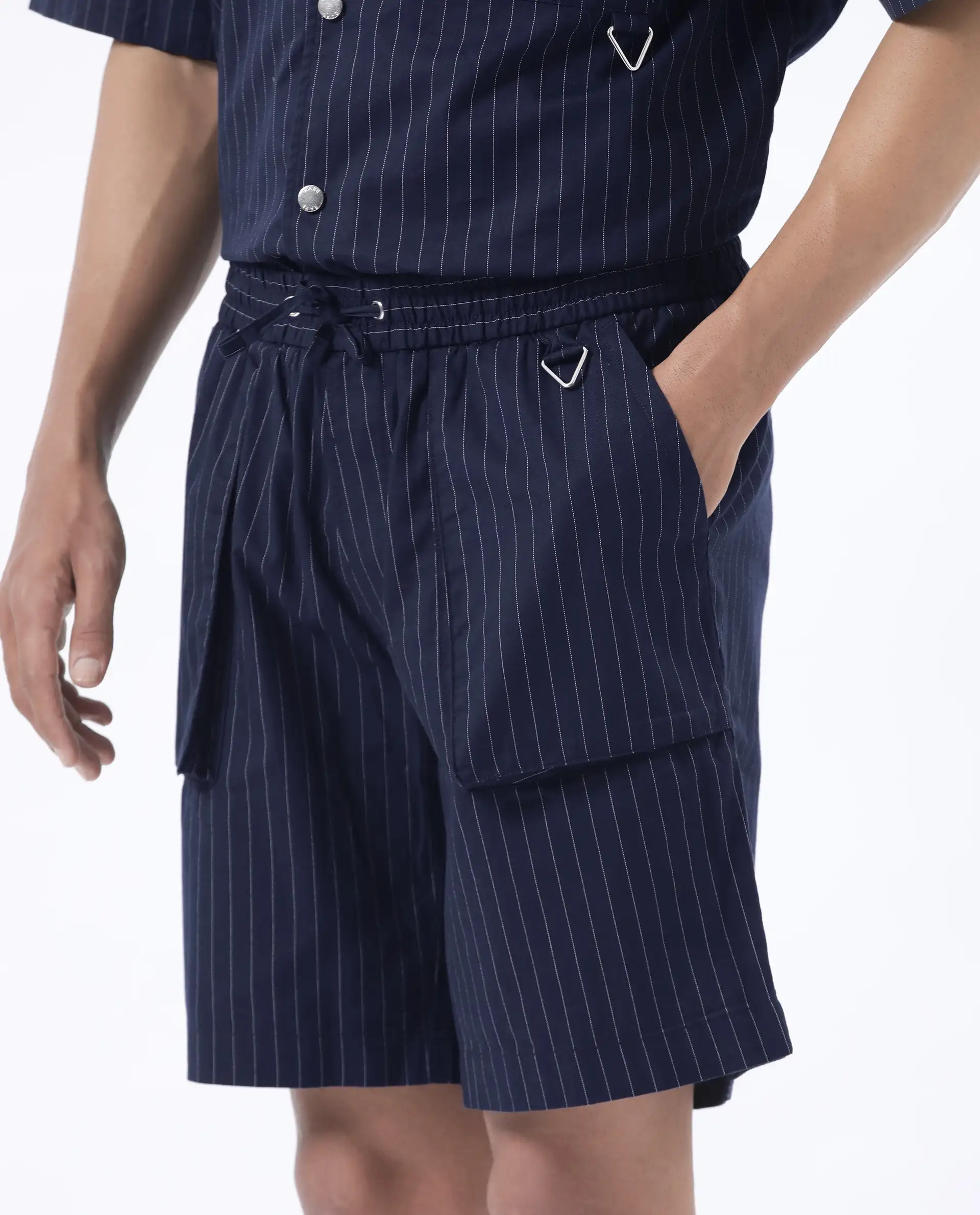 Rare Rabbit Men's Habar Navy Cotton Blend Striped Print Oversized Fit Shorts - Image 5