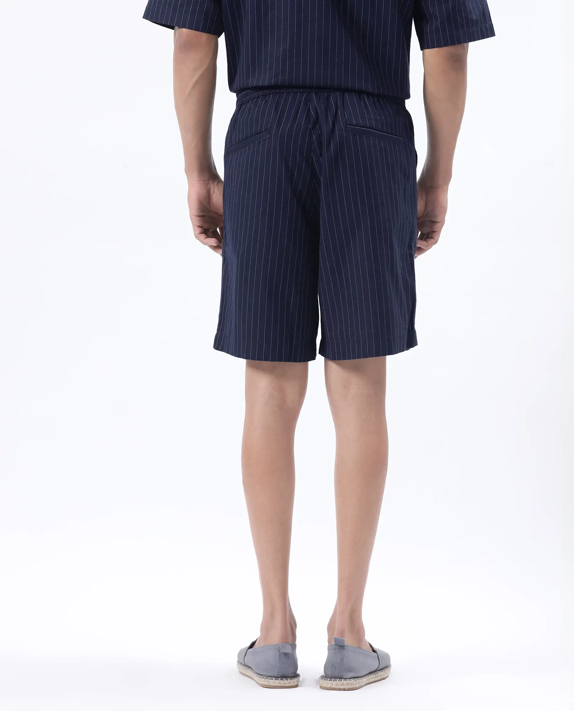 Rare Rabbit Men's Habar Navy Cotton Blend Striped Print Oversized Fit Shorts - Image 6