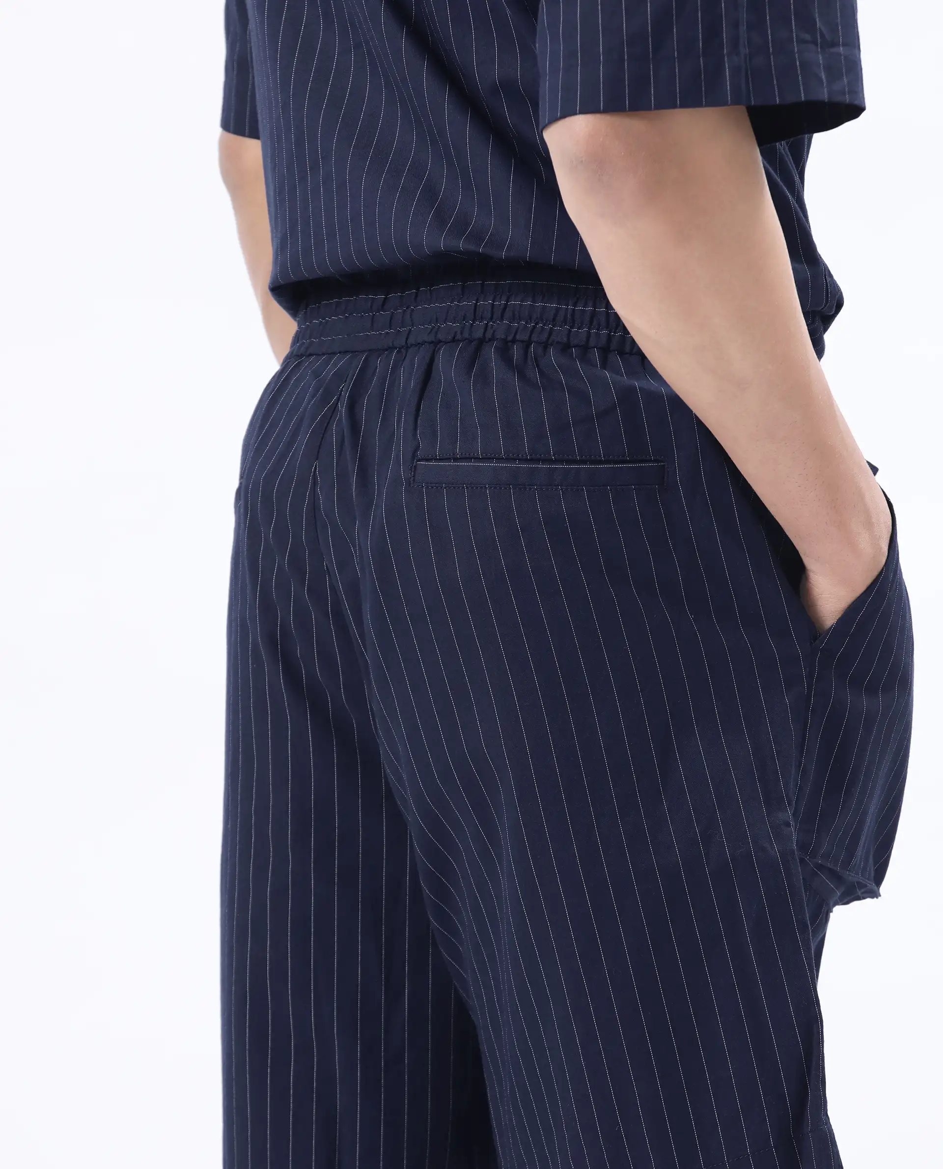Rare Rabbit Men's Habar Navy Cotton Blend Striped Print Oversized Fit Shorts - Image 7
