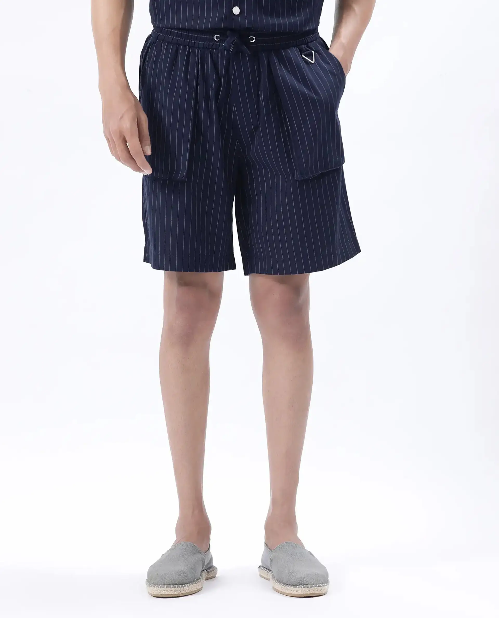 Rare Rabbit Men's Habar Navy Cotton Blend Striped Print Oversized Fit Shorts - Image 9