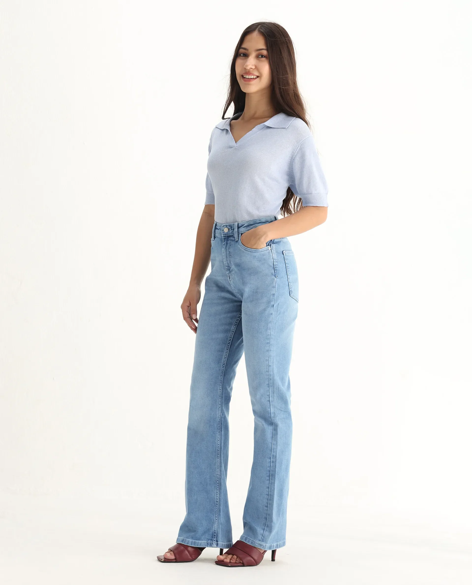 Rareism Women's Hadley Pastel Blue Cotton Blend Plain Ankle Length Bootcut Jeans - Image 6