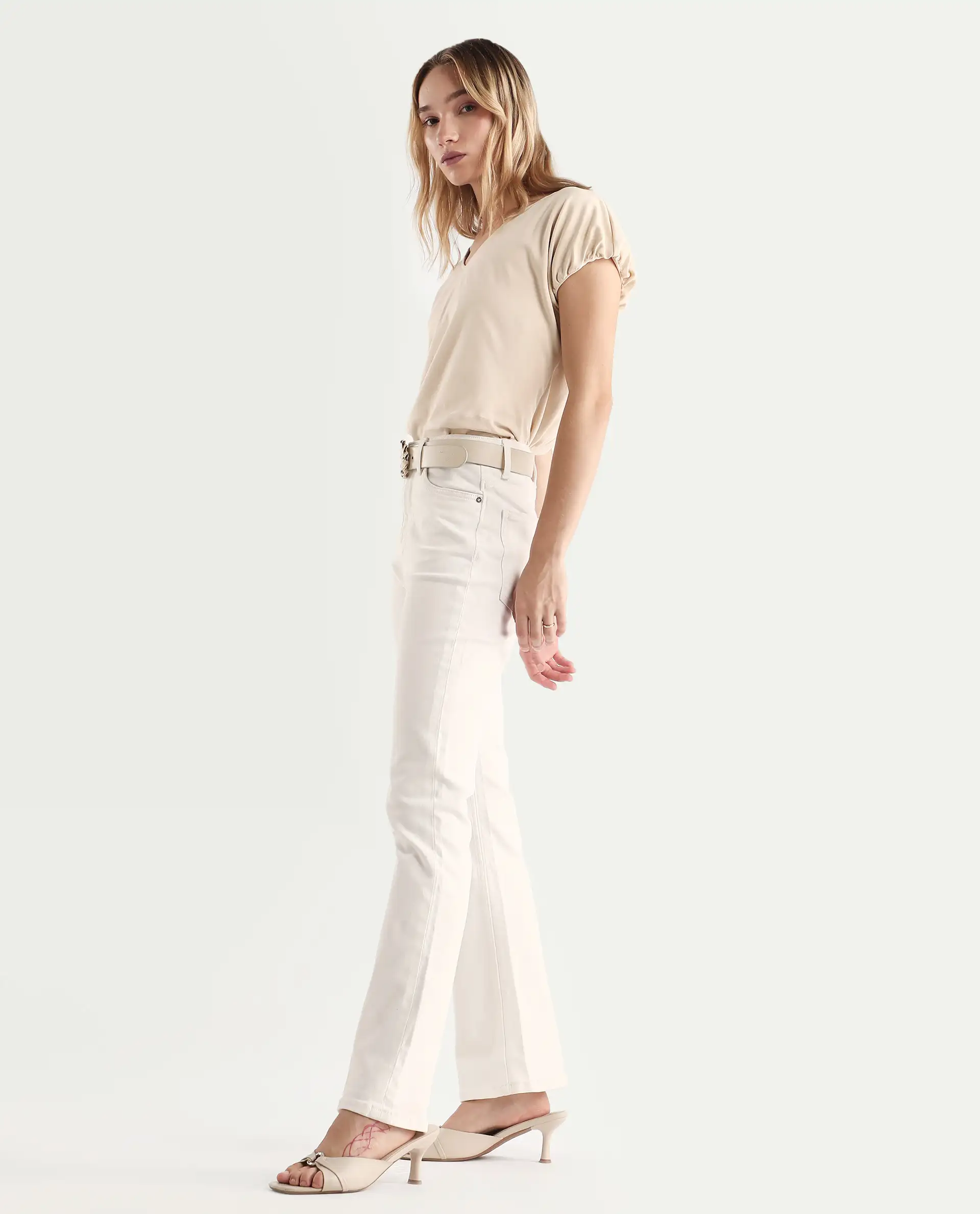 Rareism Women's Hadley White Cotton Blend Plain Ankle Length Iconic Bootcut Jeans - Image 8