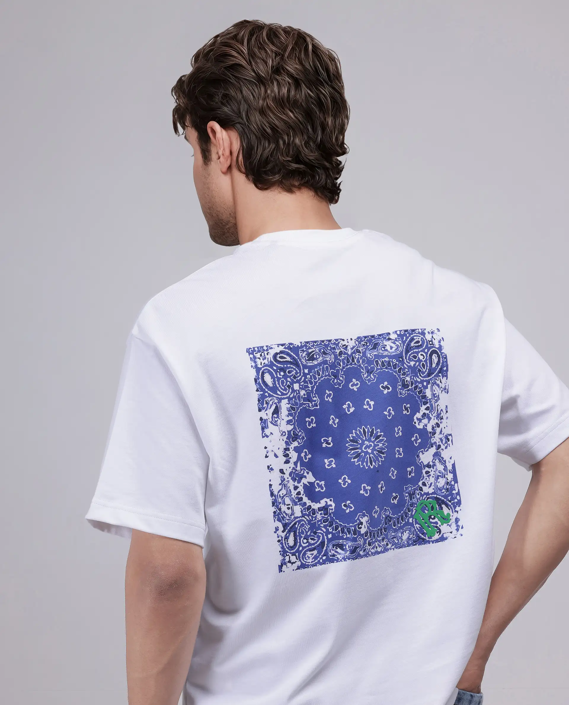 Rare Rabbit Men's Haf White Cotton Graphic Print Oversized Fit Half Sleeve Crew Neck T-Shirt