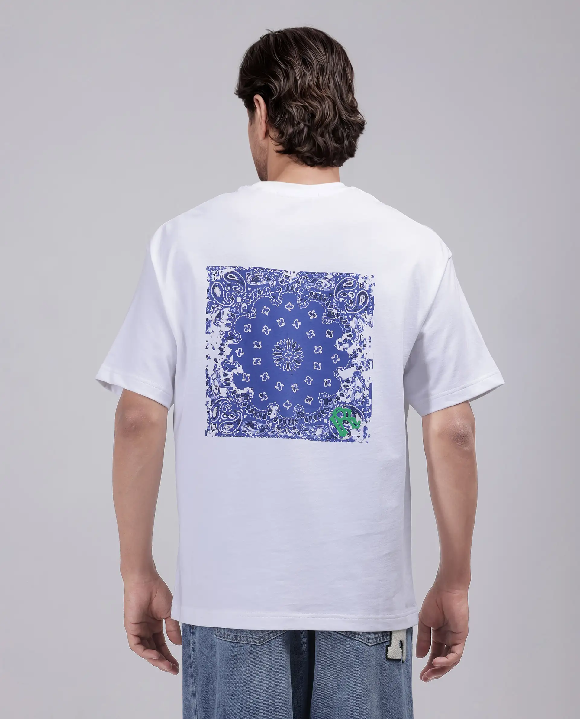 Rare Rabbit Men's Haf White Cotton Graphic Print Oversized Fit Half Sleeve Crew Neck T-Shirt - Image 4