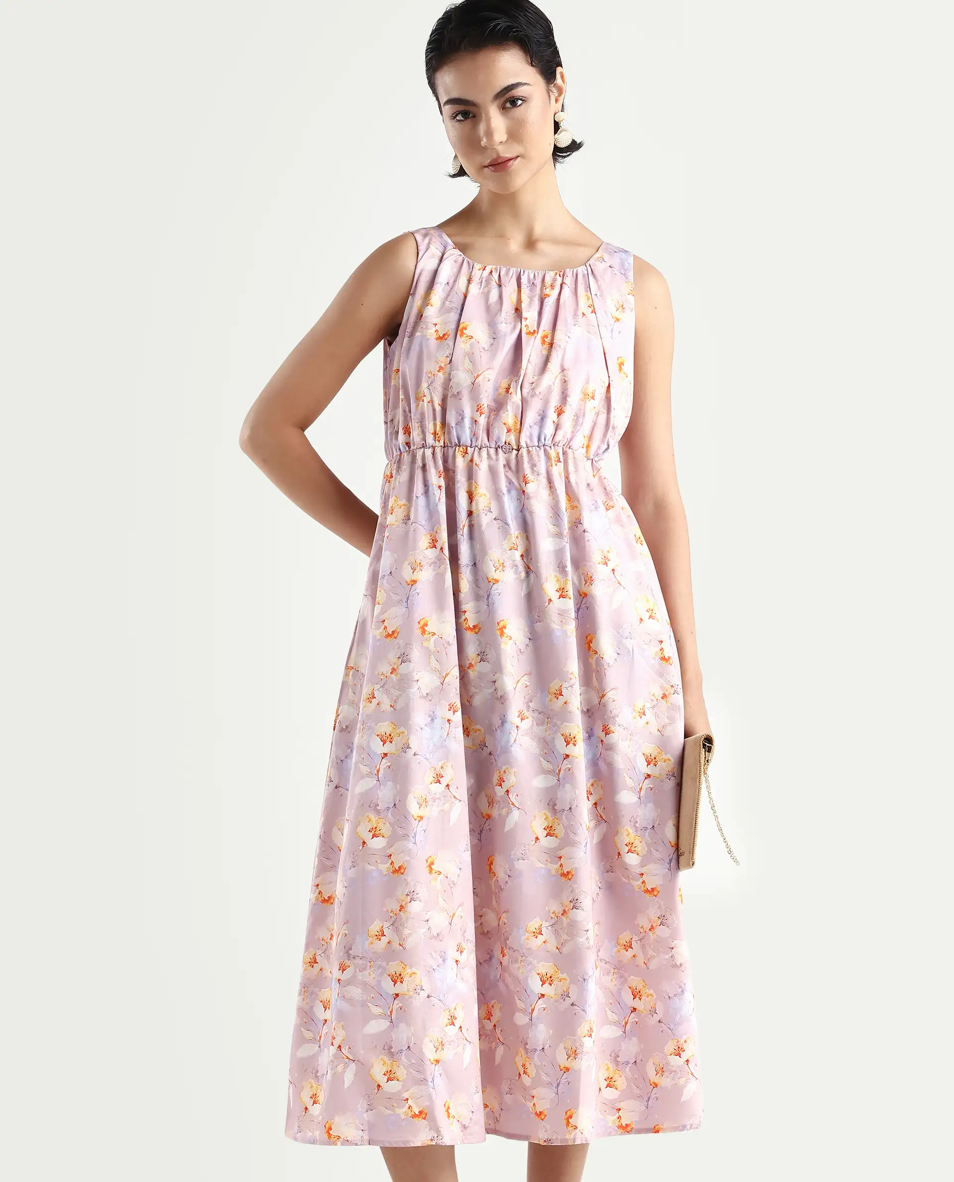 Rareism Women's Hailey Purple Cotton Crew Neck Floral Print Sleeveless Midi Regular Fit Dress