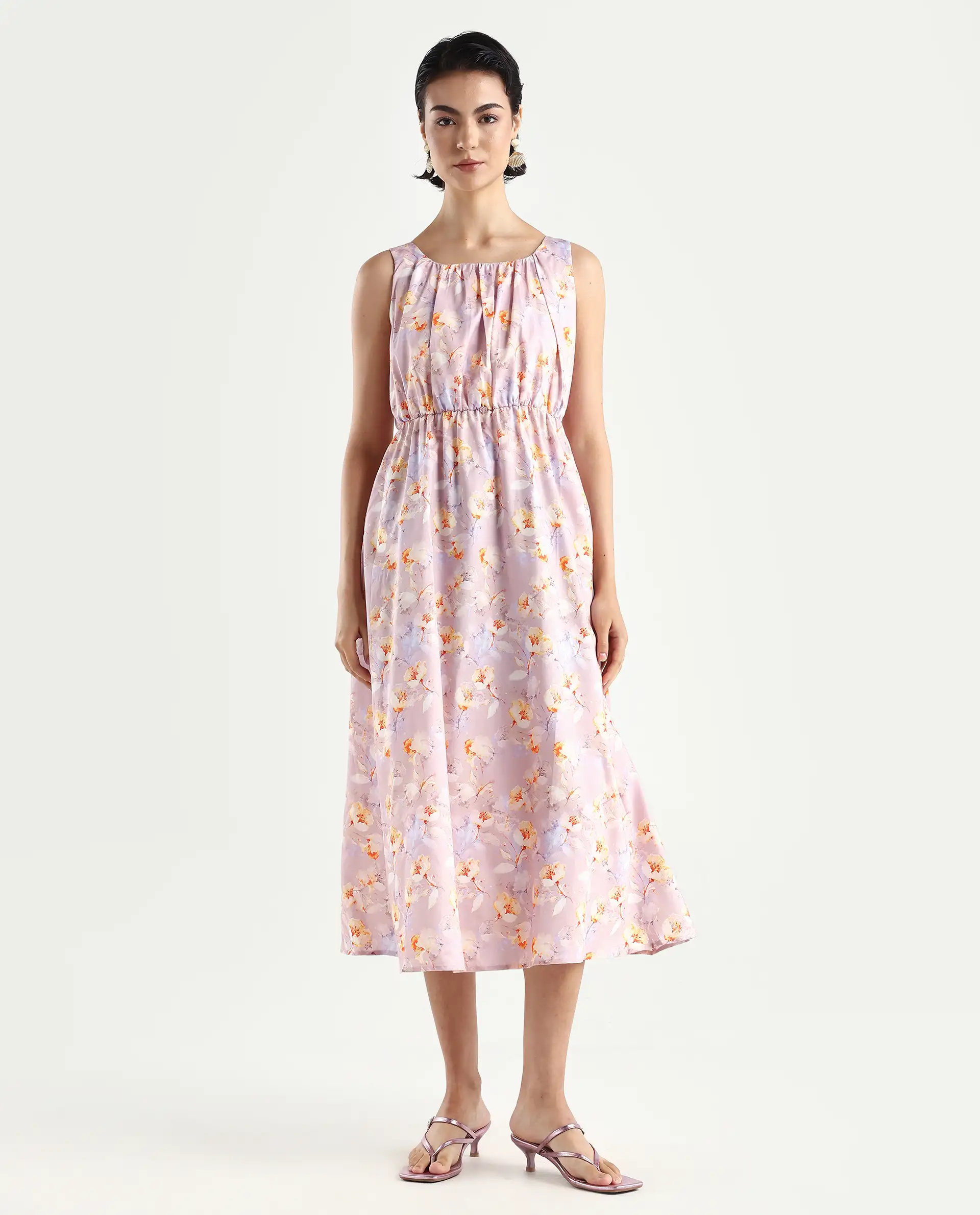 Rareism Women's Hailey Purple Cotton Crew Neck Floral Print Sleeveless Midi Regular Fit Dress - Image 3