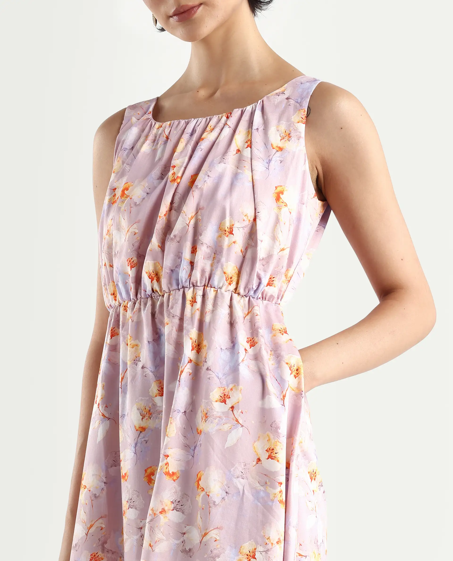 Rareism Women's Hailey Purple Cotton Crew Neck Floral Print Sleeveless Midi Regular Fit Dress - Image 4